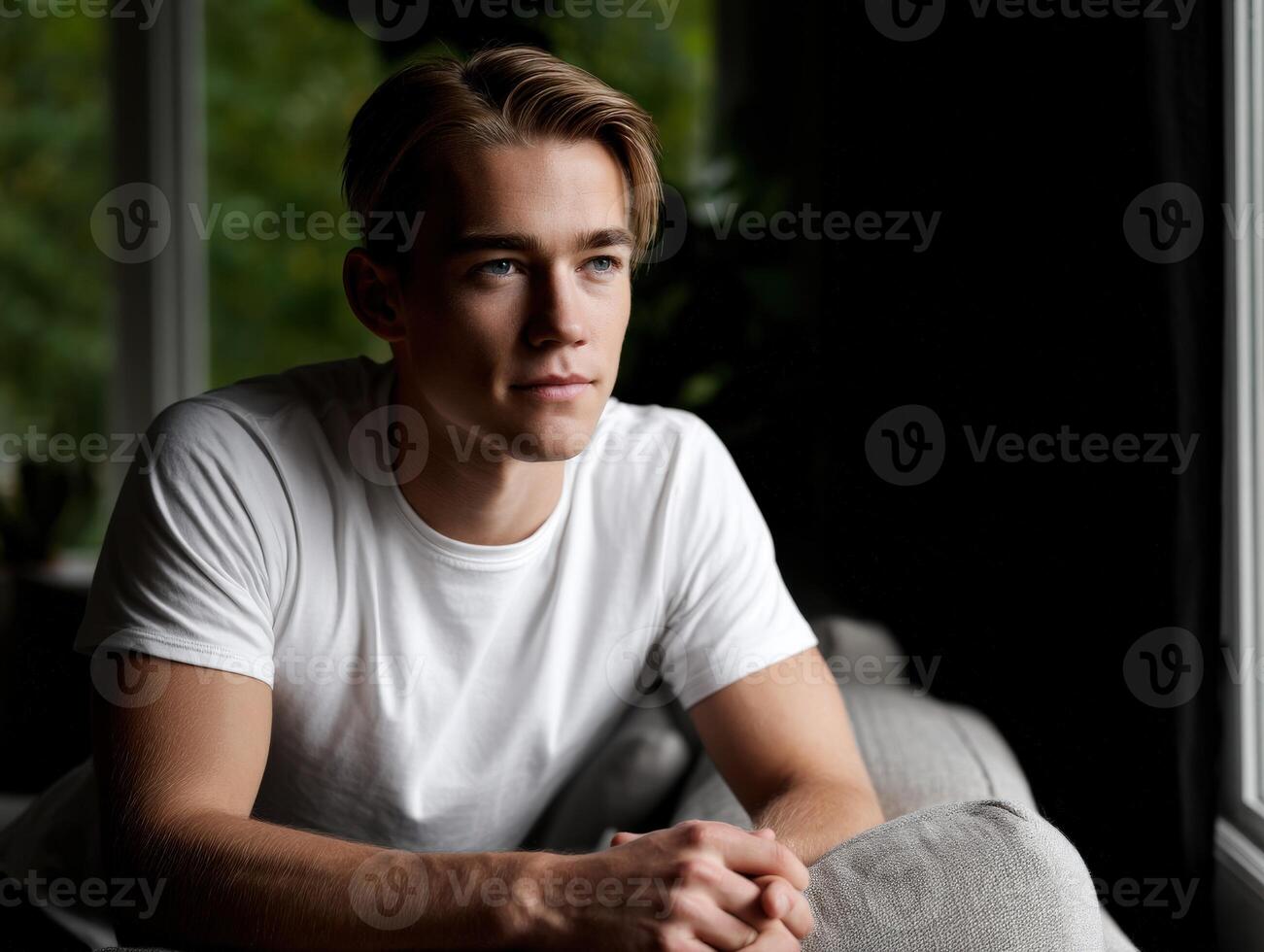 Young man contemplatively sitting on a gray couch by the window in natural light photo