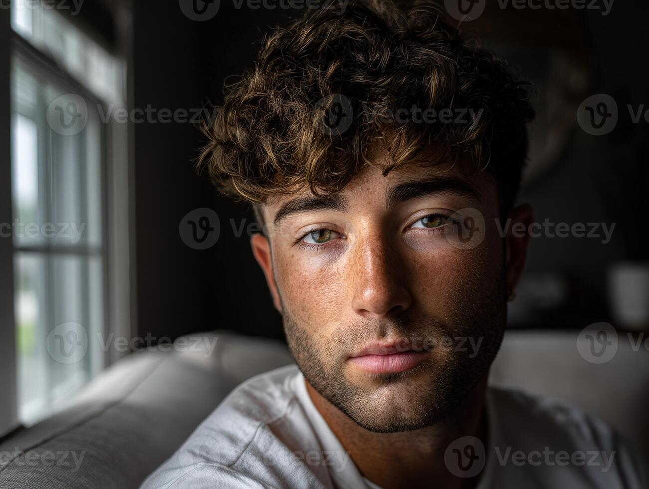 Young man gazes thoughtfully while sitting indoors near a window photo