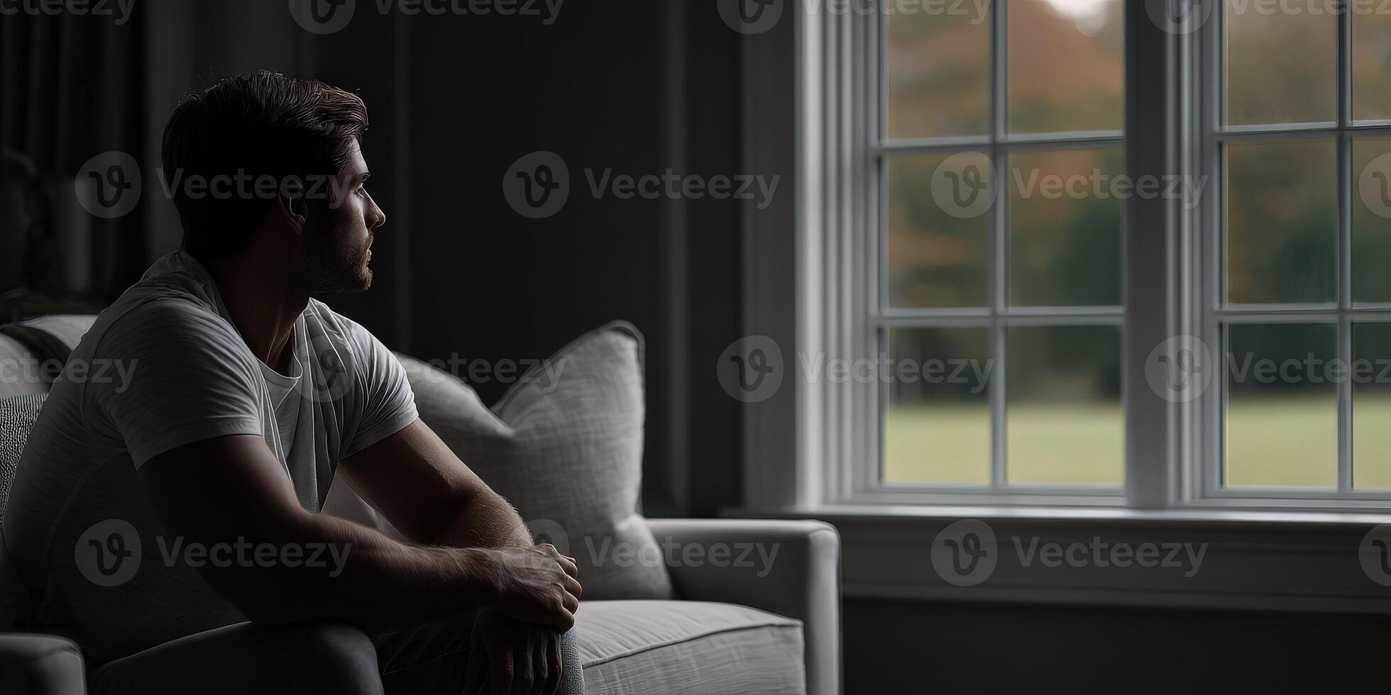 Man gazing thoughtfully out of a window in a cozy living room during autumn photo