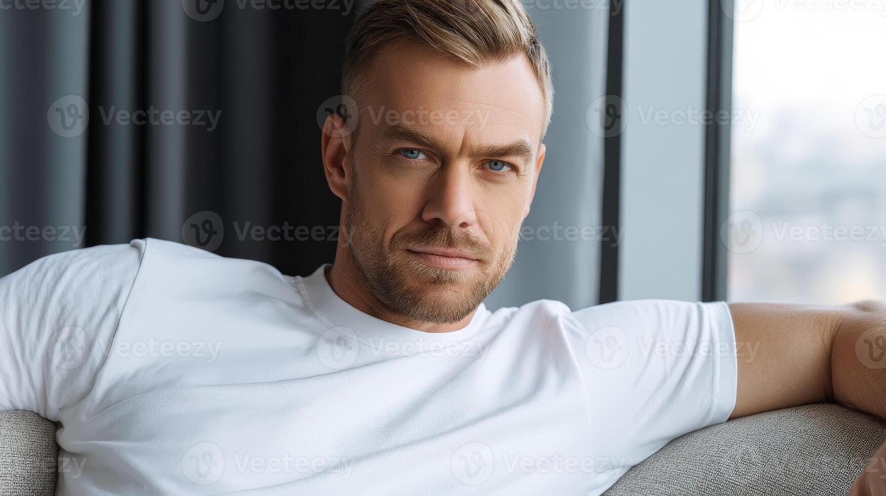 Man relaxing in modern apartment with city view during afternoon photo