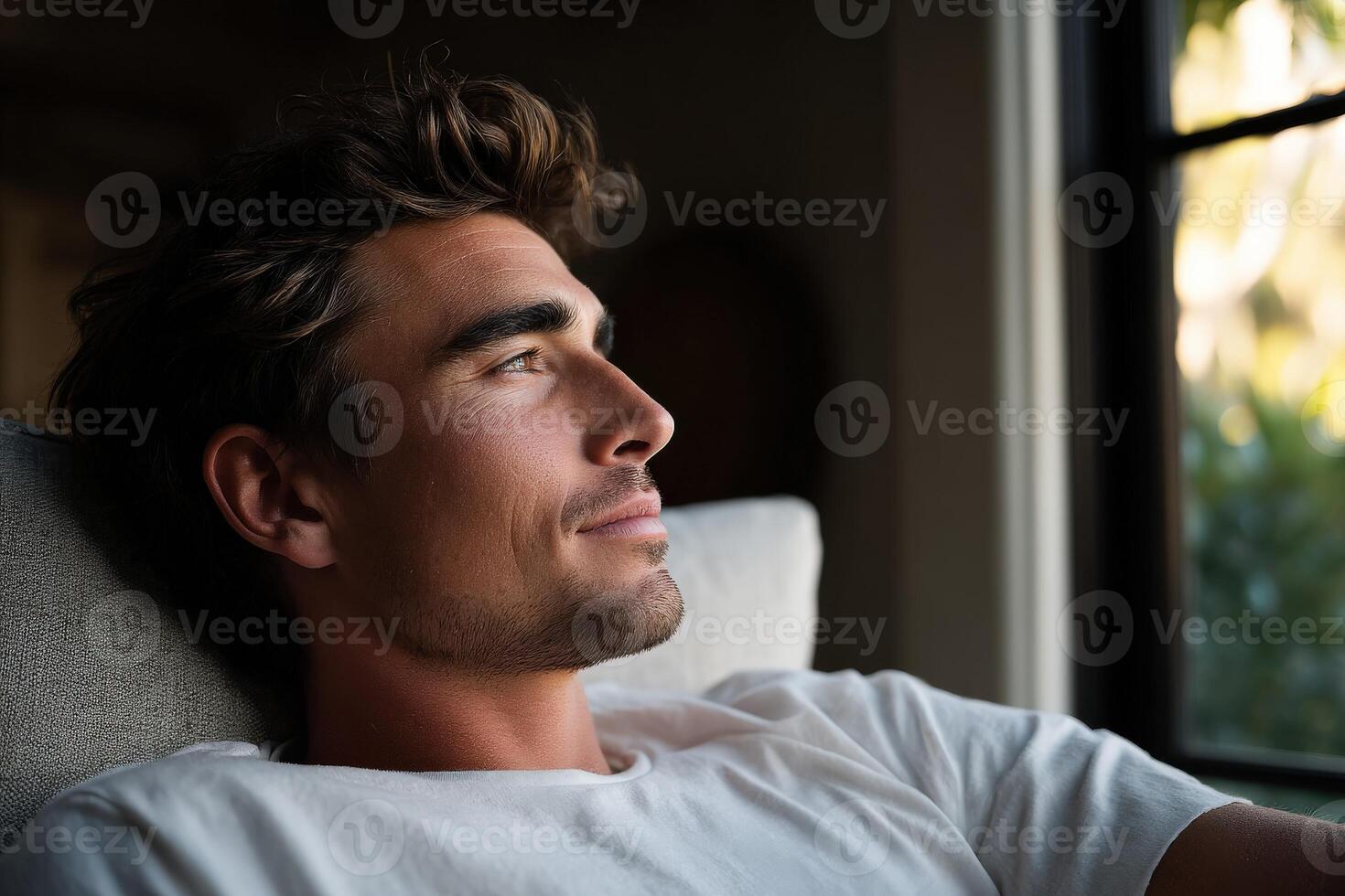 Man in casual attire gazes thoughtfully out the window during morning light photo