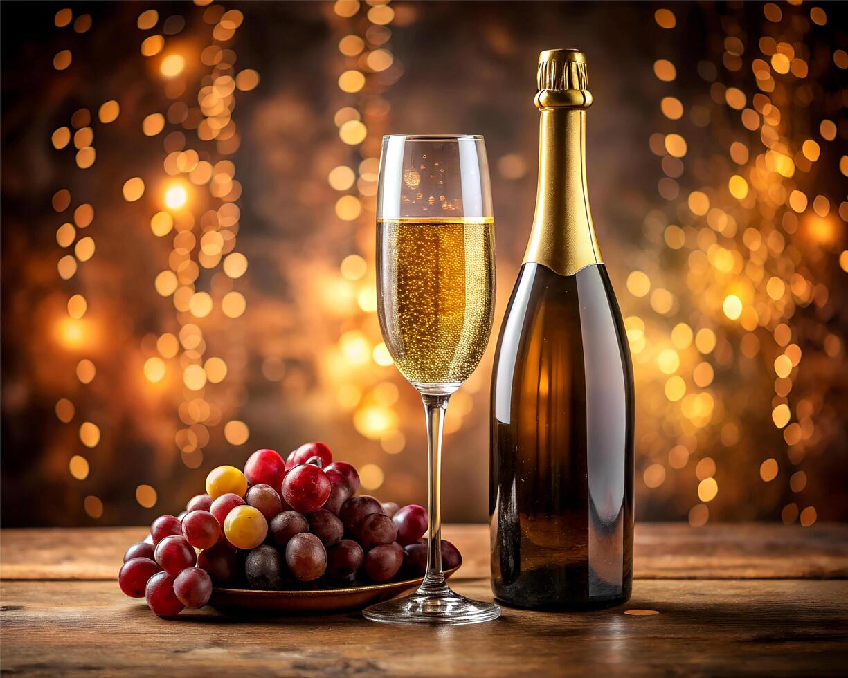 A glass of champagne and bottle of wine on wooden table on bubble background. photo