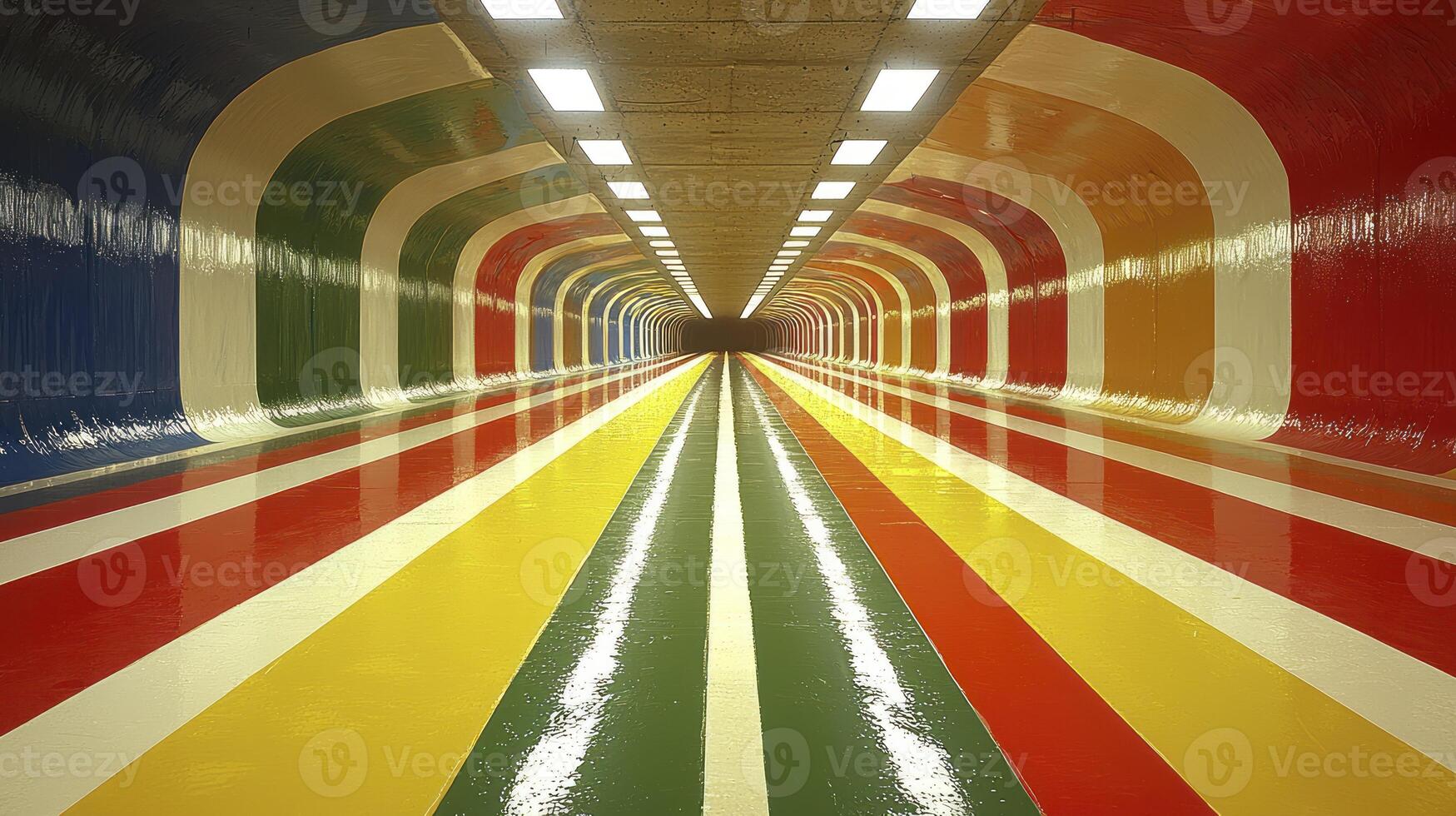A long tunnel with a rainbow stripe pattern on the floor photo
