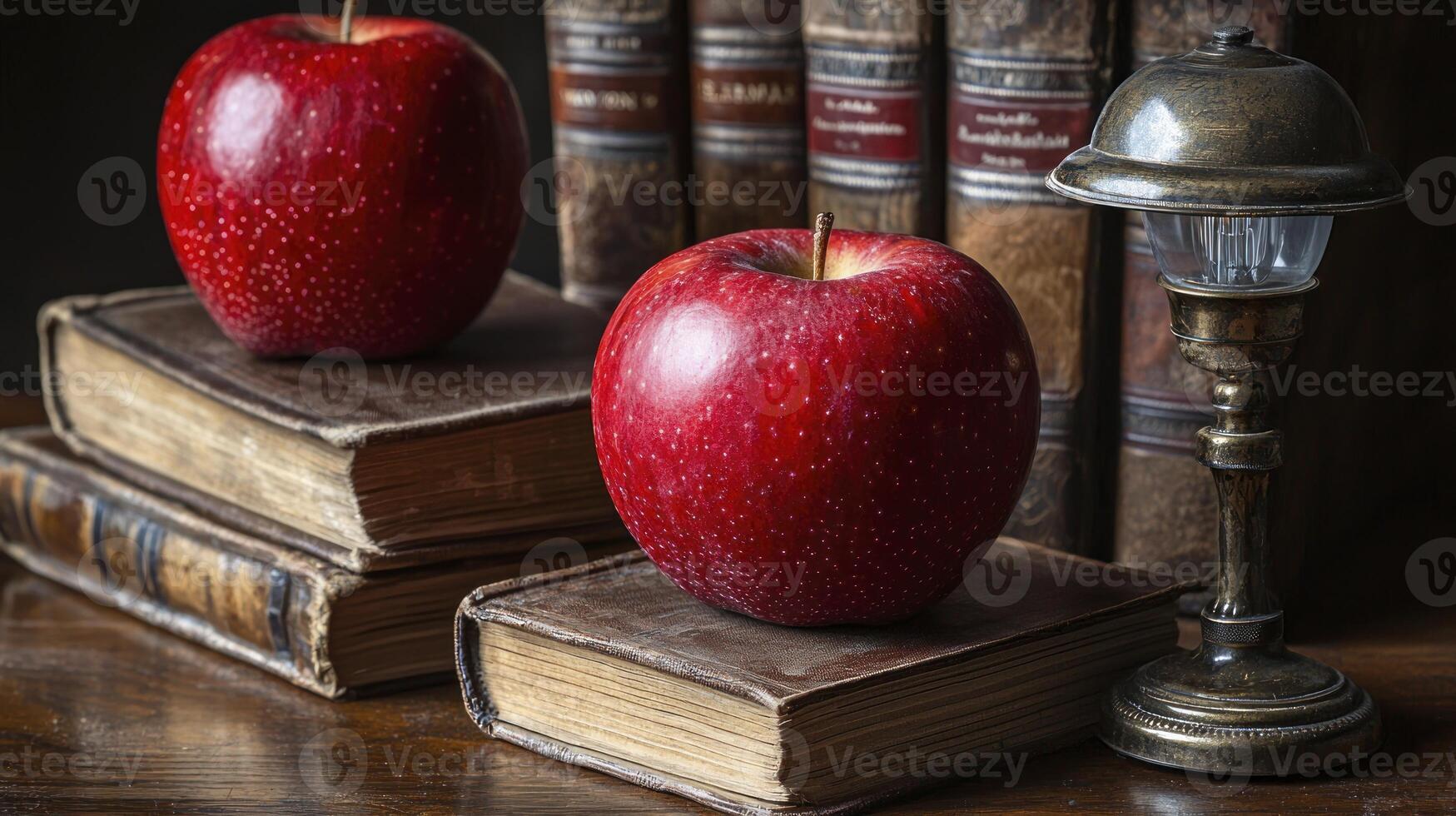 Two apples sitting on top of books photo