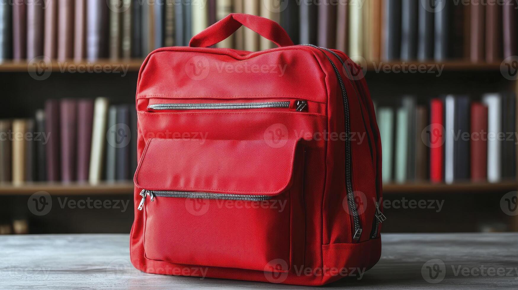 A red backpack sitting on a table in front of bookshelves photo