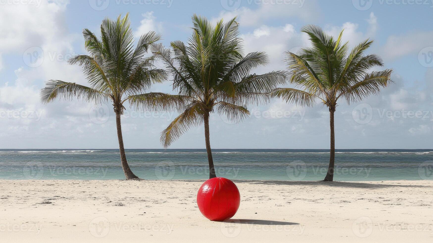 A red ball sitting on a beach with three palm trees photo