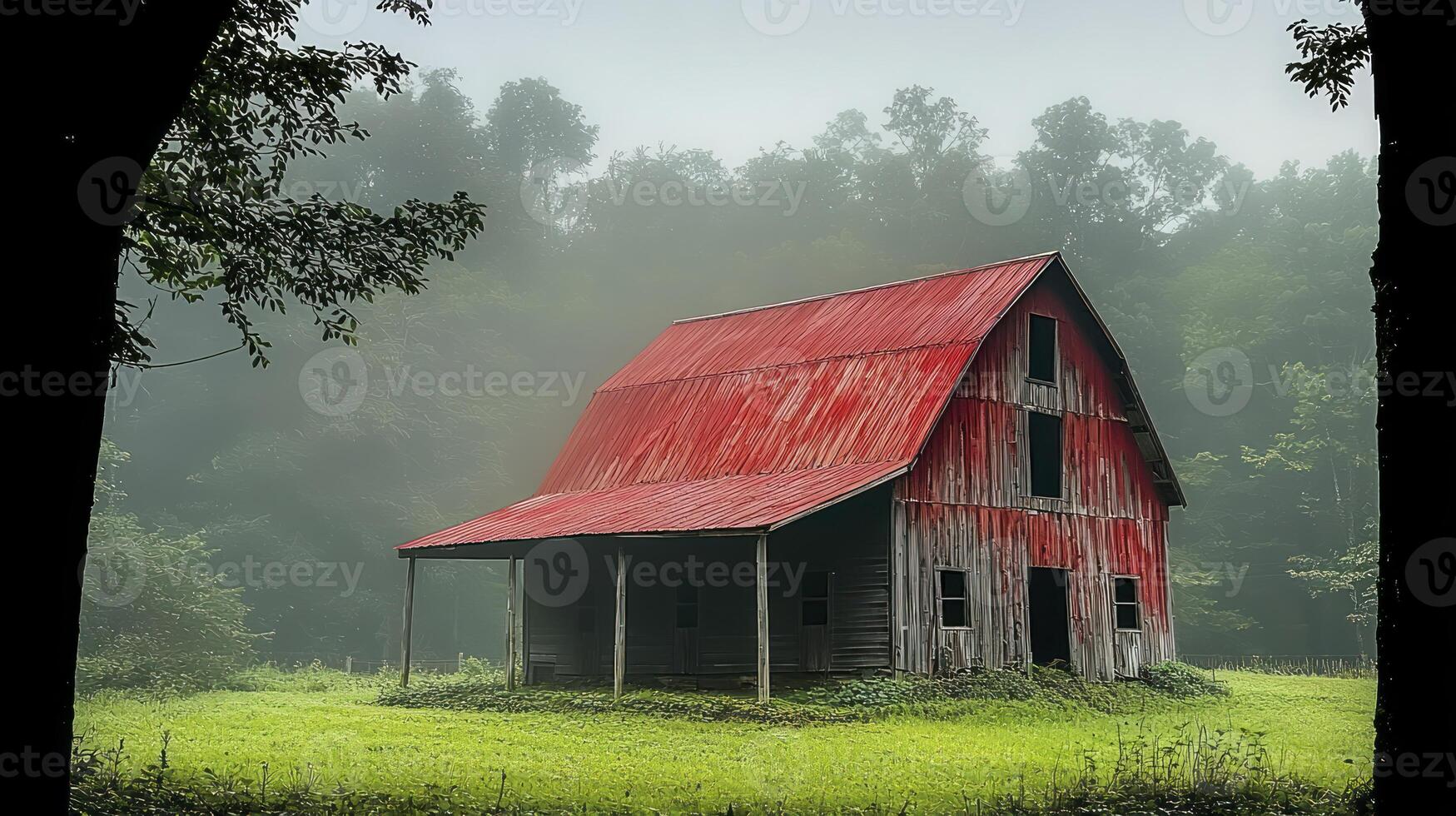 An old red barn sits in the middle of a field photo