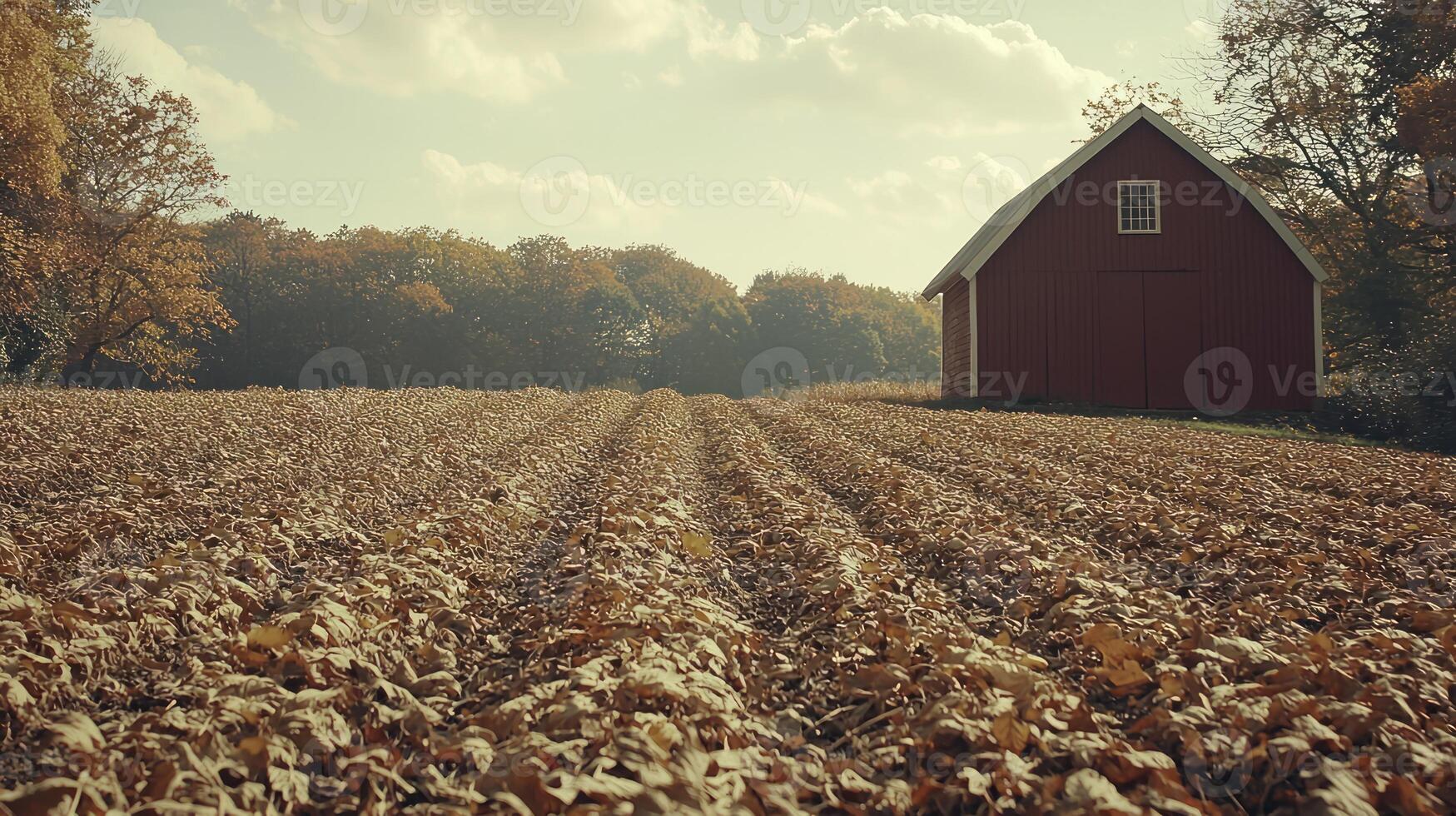 A red barn sits in the middle of a field photo