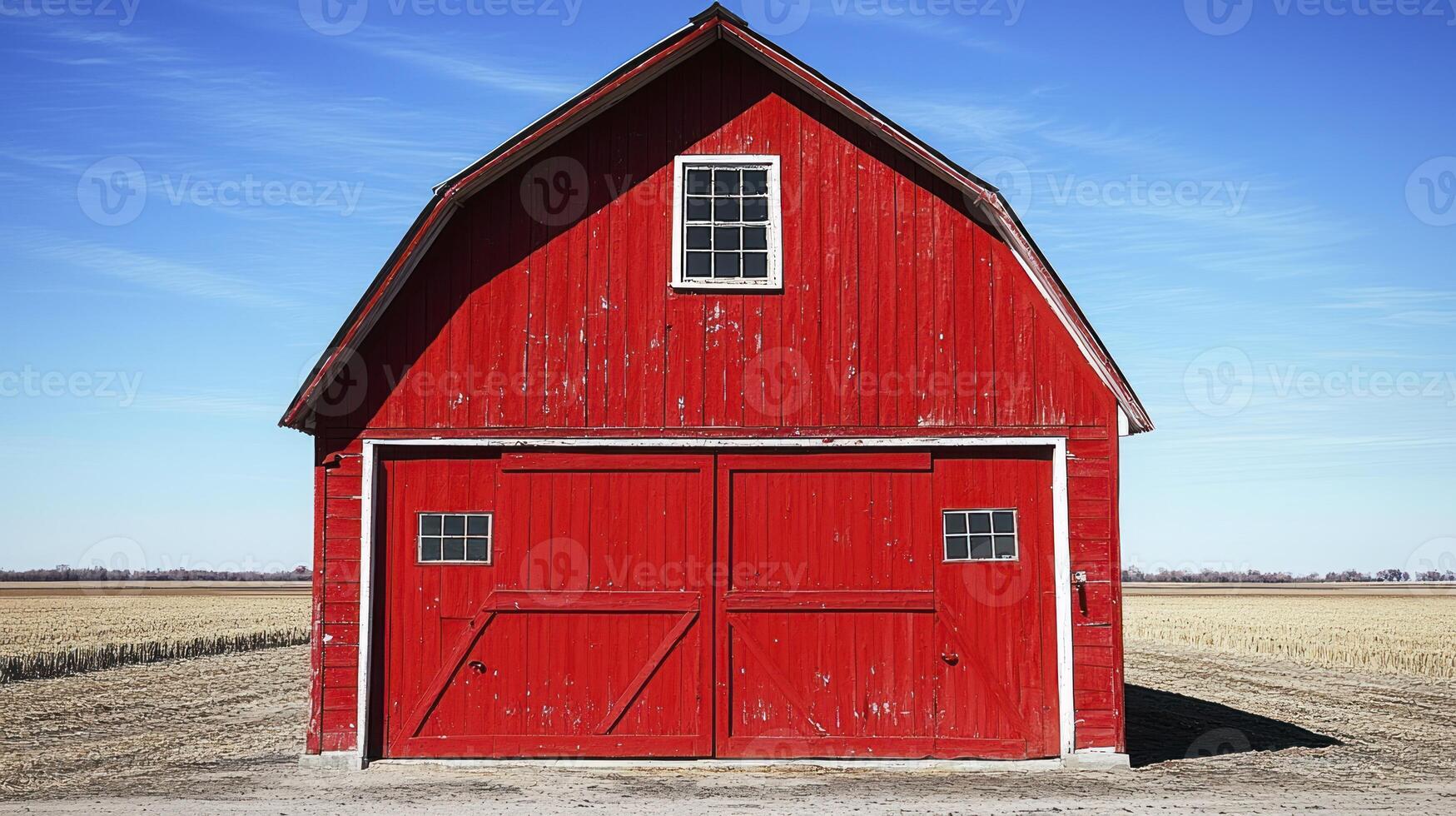 A red barn with a door and windows photo