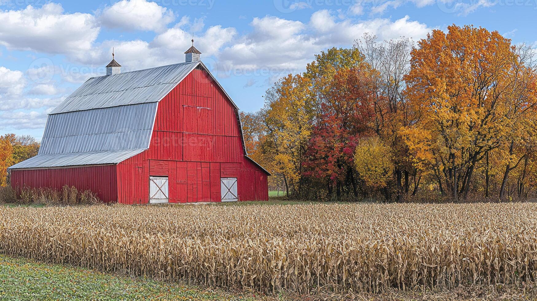 A red barn with a white roof photo