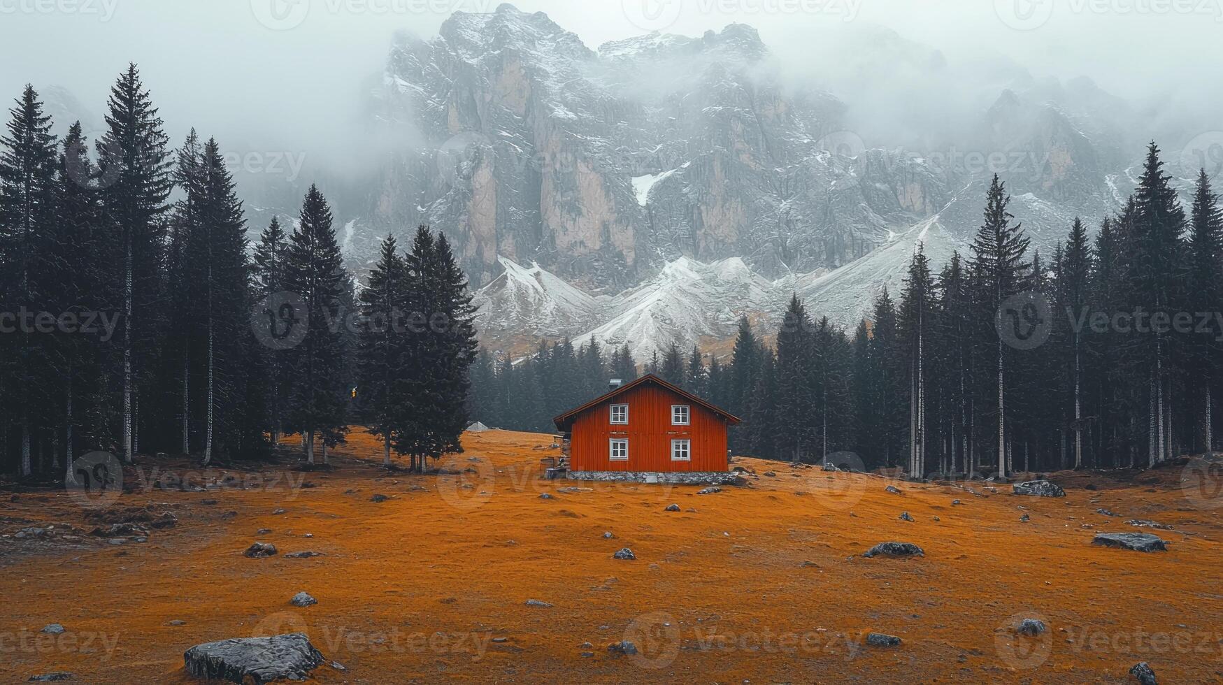 A red house in the middle of a forest photo