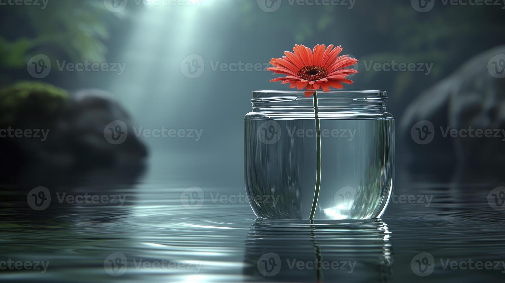 A flower in a jar on the water photo
