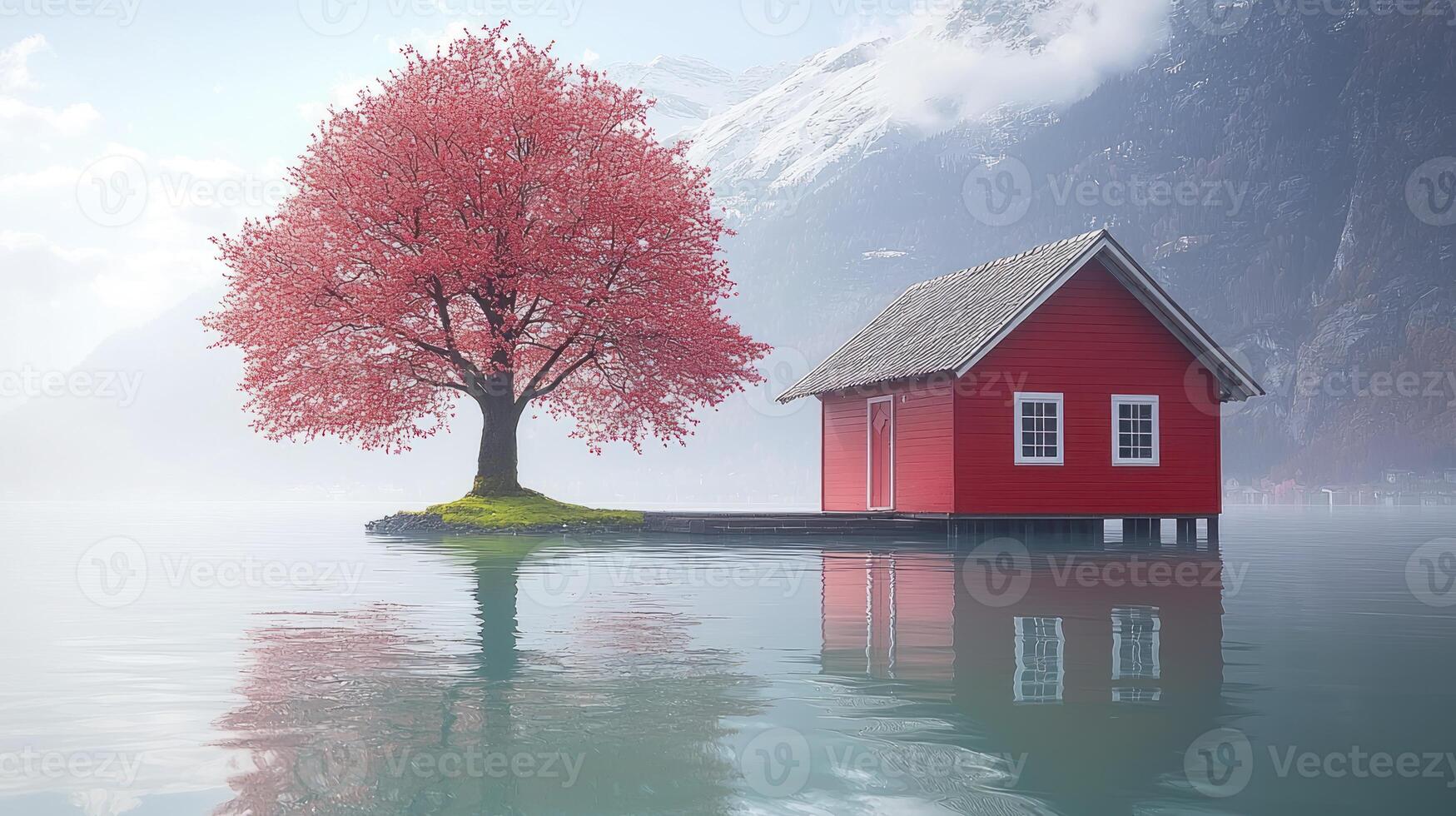 A red house sits on a small island in the middle of a lake photo
