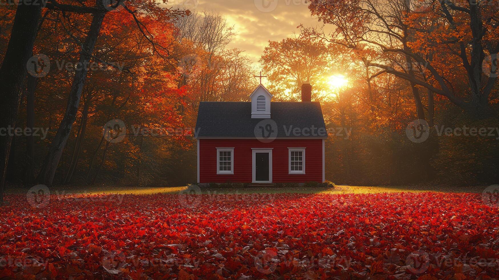A red house in the middle of a field with red leaves photo