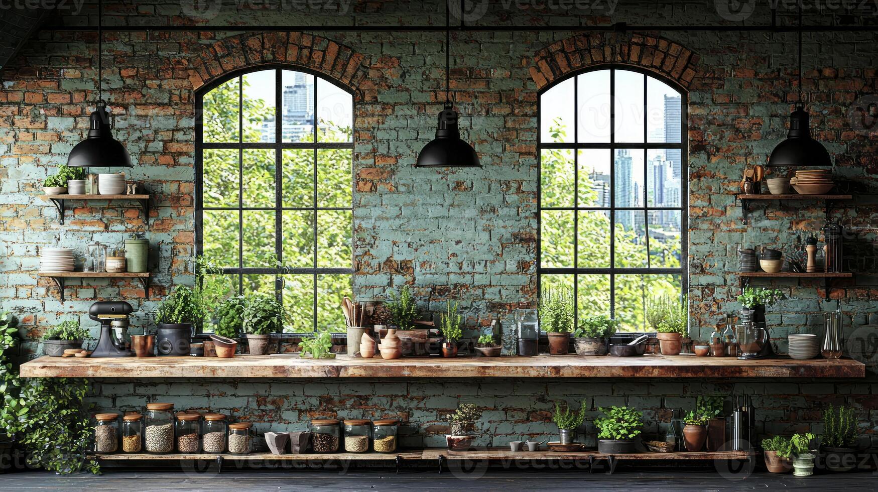 A room with a brick wall, windows and shelves with pots photo