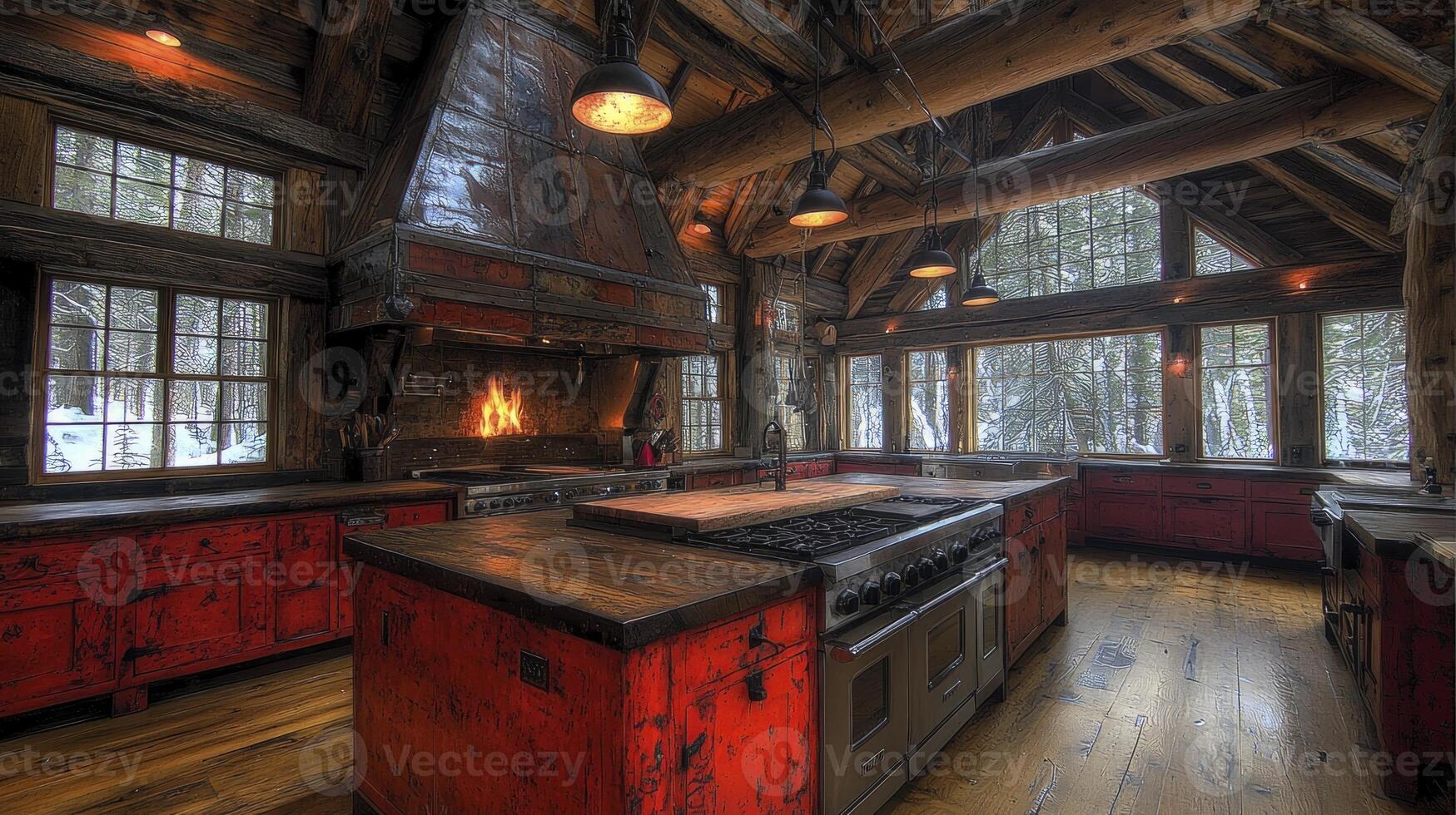 A rustic kitchen with a stove and oven photo