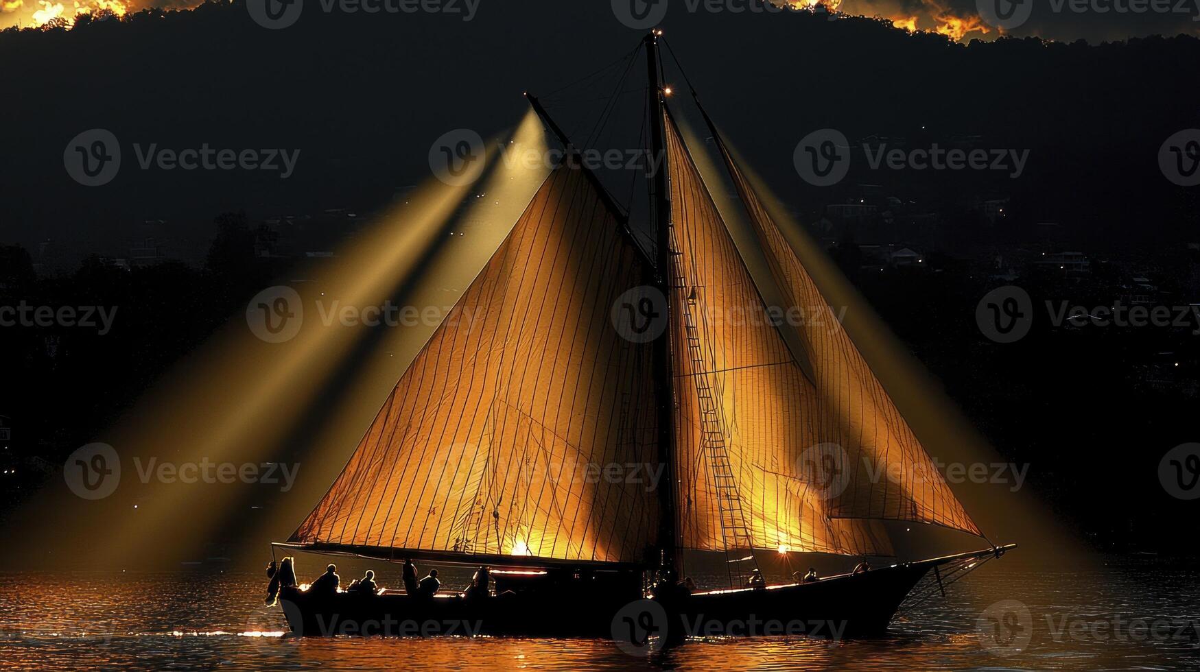 A sailboat with a light beam coming from the sun photo