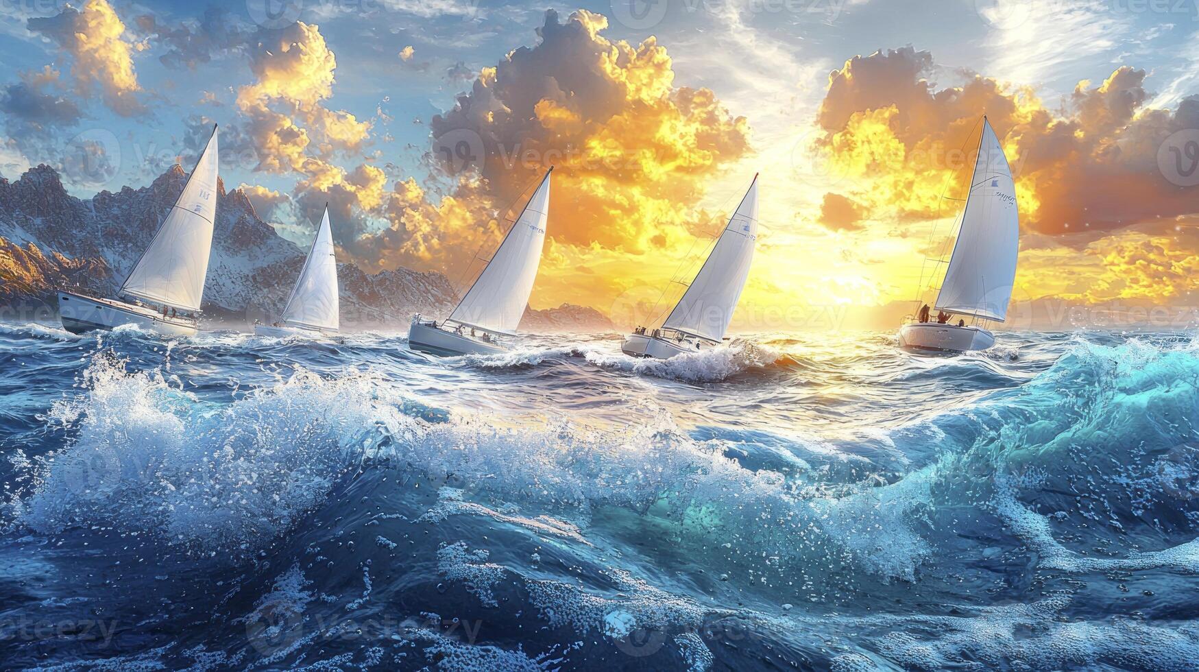 Sailboats in the ocean at sunset photo