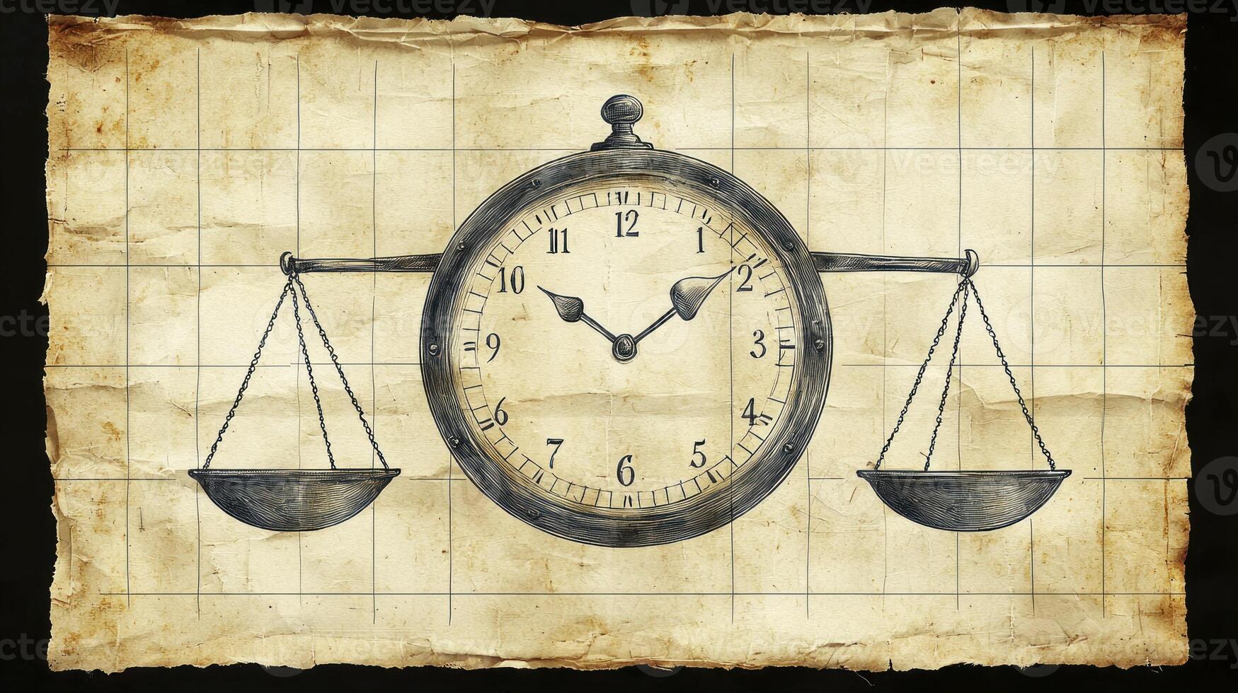 A clock and scales of justice on a piece of paper photo