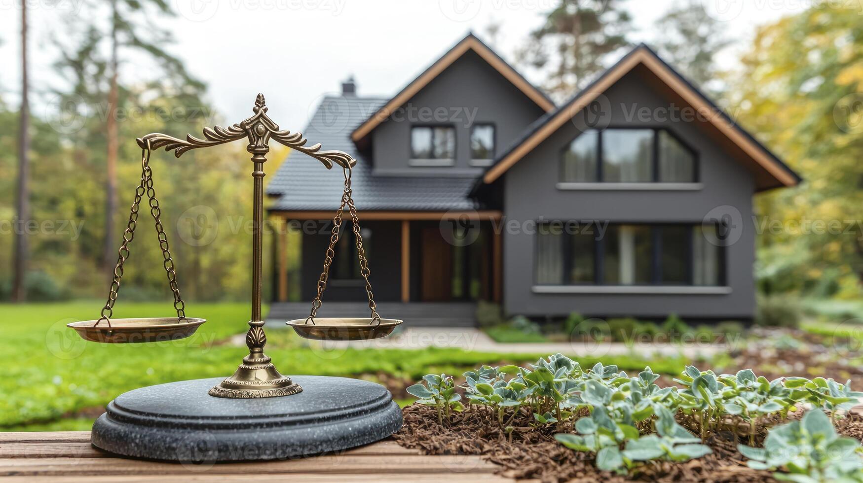 A scale of justice in front of a house photo