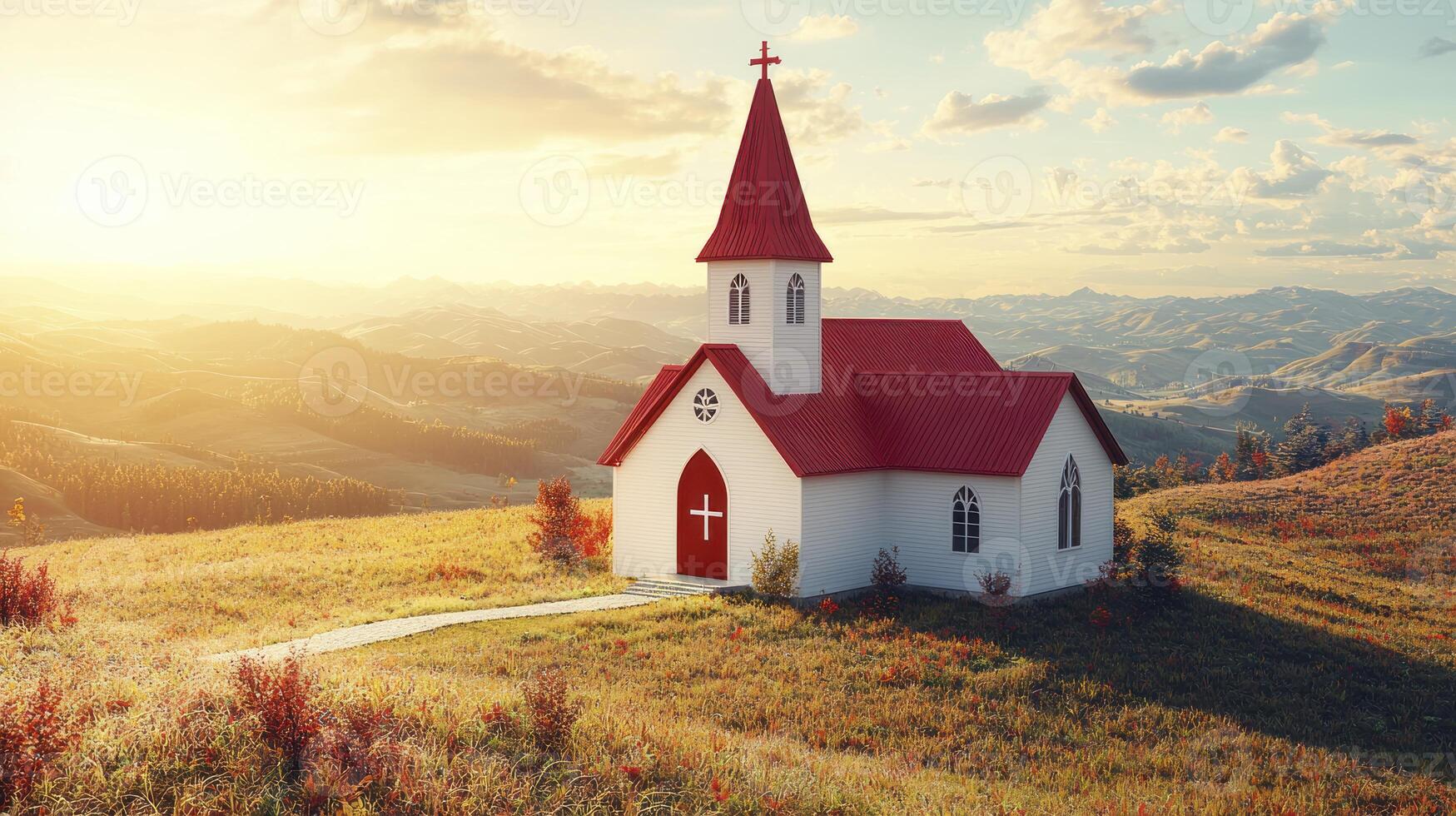 A small church sits on a hill overlooking a valley photo
