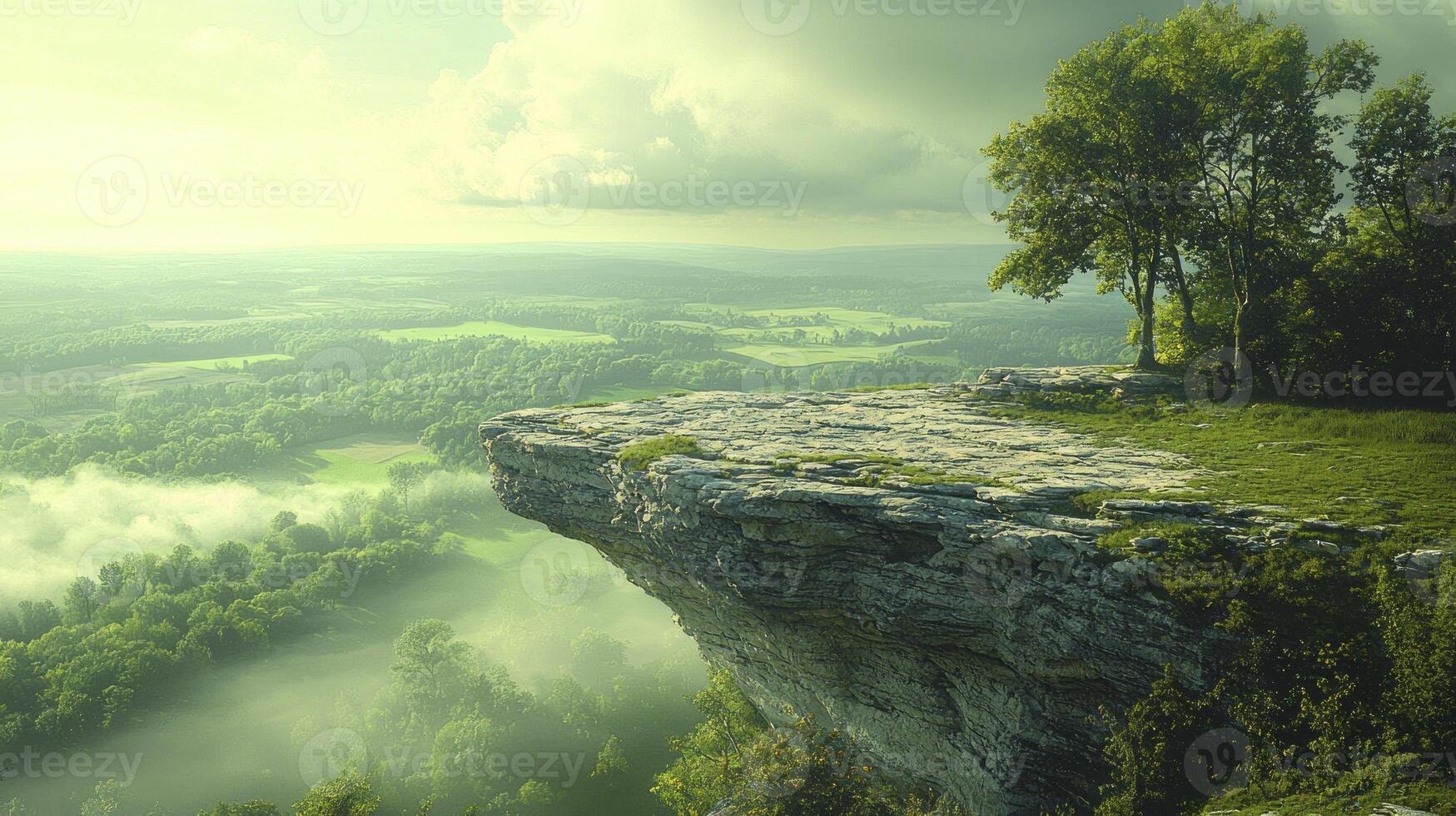 A view of a cliff with trees and a green valley photo