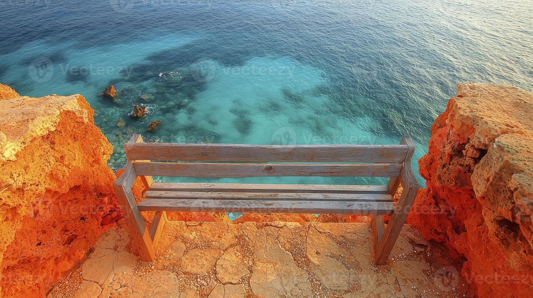 A bench sitting on a cliff overlooking the ocean photo