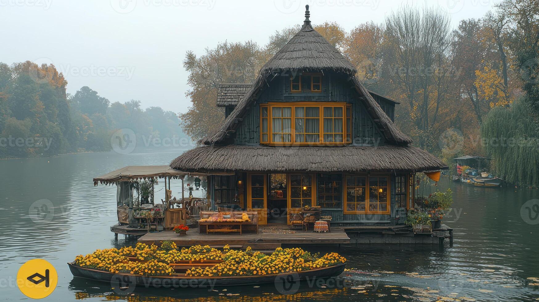 A houseboat floating on the water with a thatched roof photo