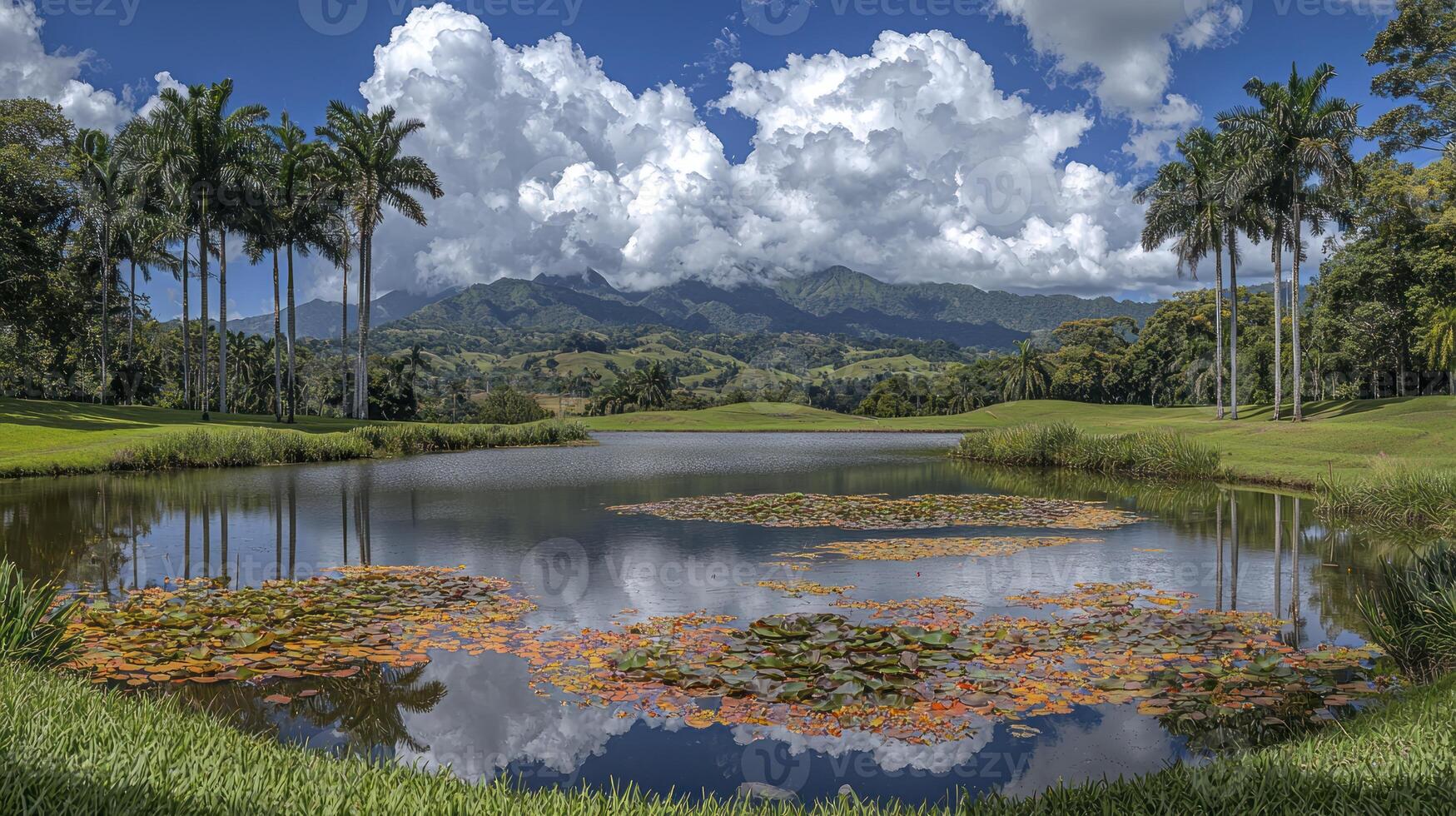 A pond with water lilies and a mountain in the background photo