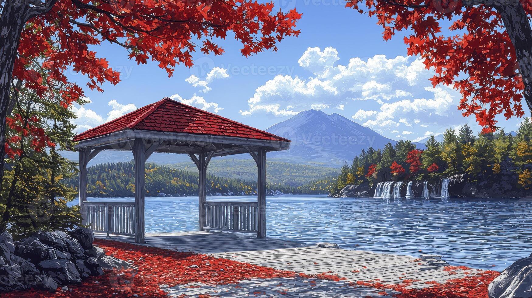 A gazebo on the shore of a lake with red leaves photo