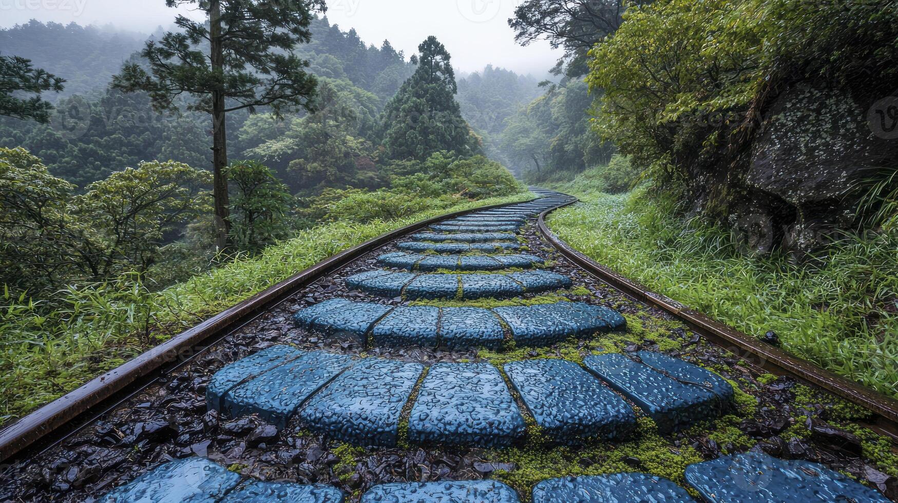 A train track with blue stones on it photo