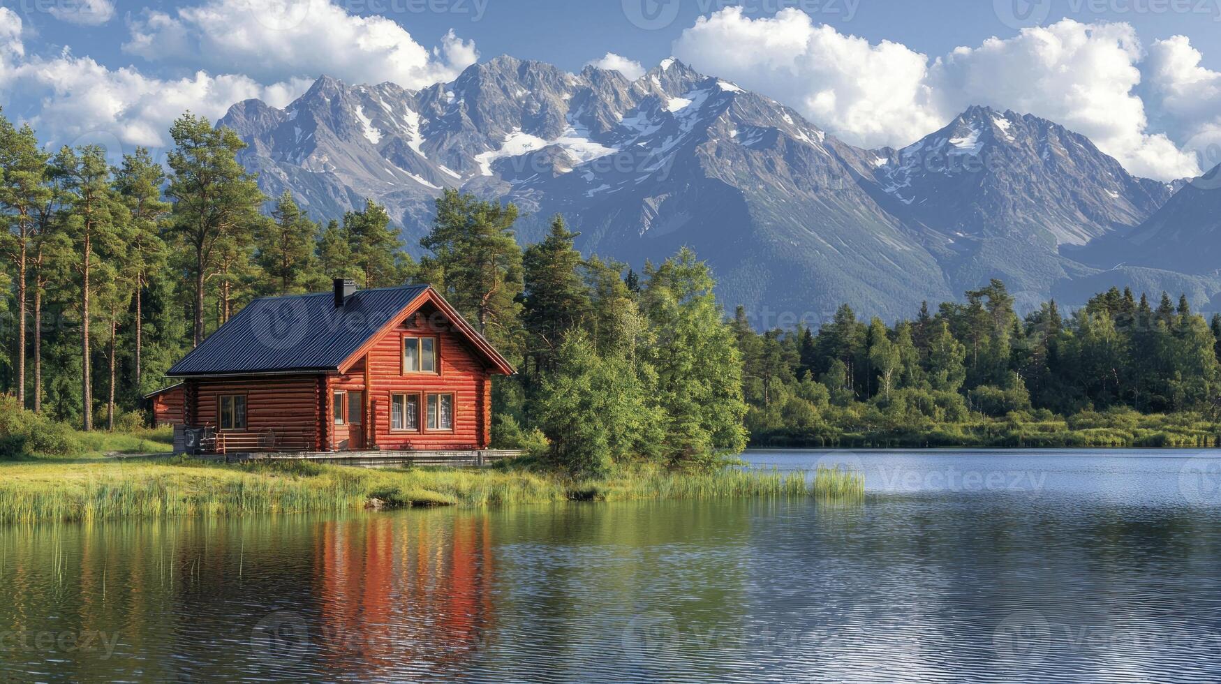 A small cabin sits on the shore of a lake with mountains in the background photo