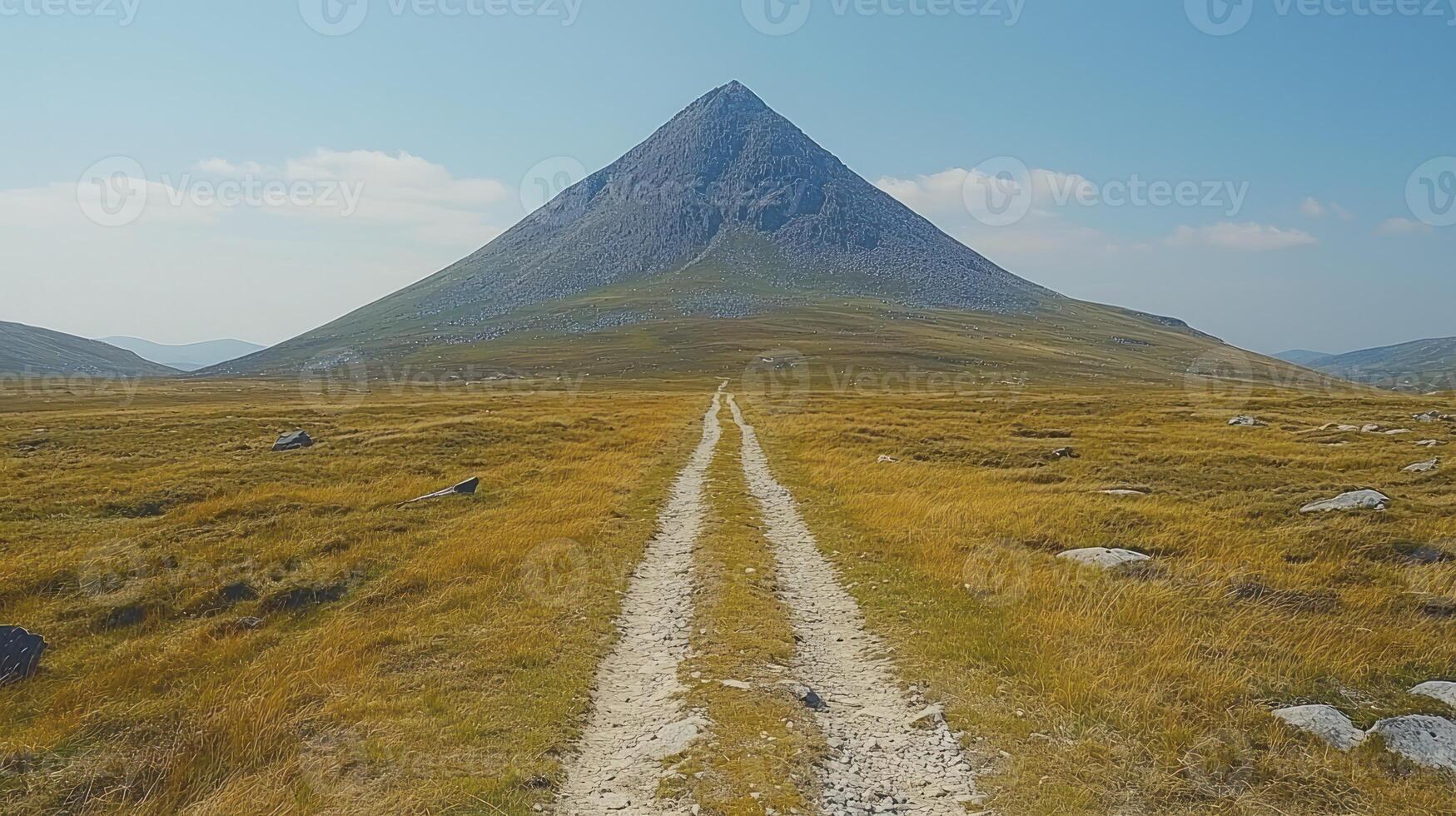 A dirt road leads to a mountain in the middle of a field photo