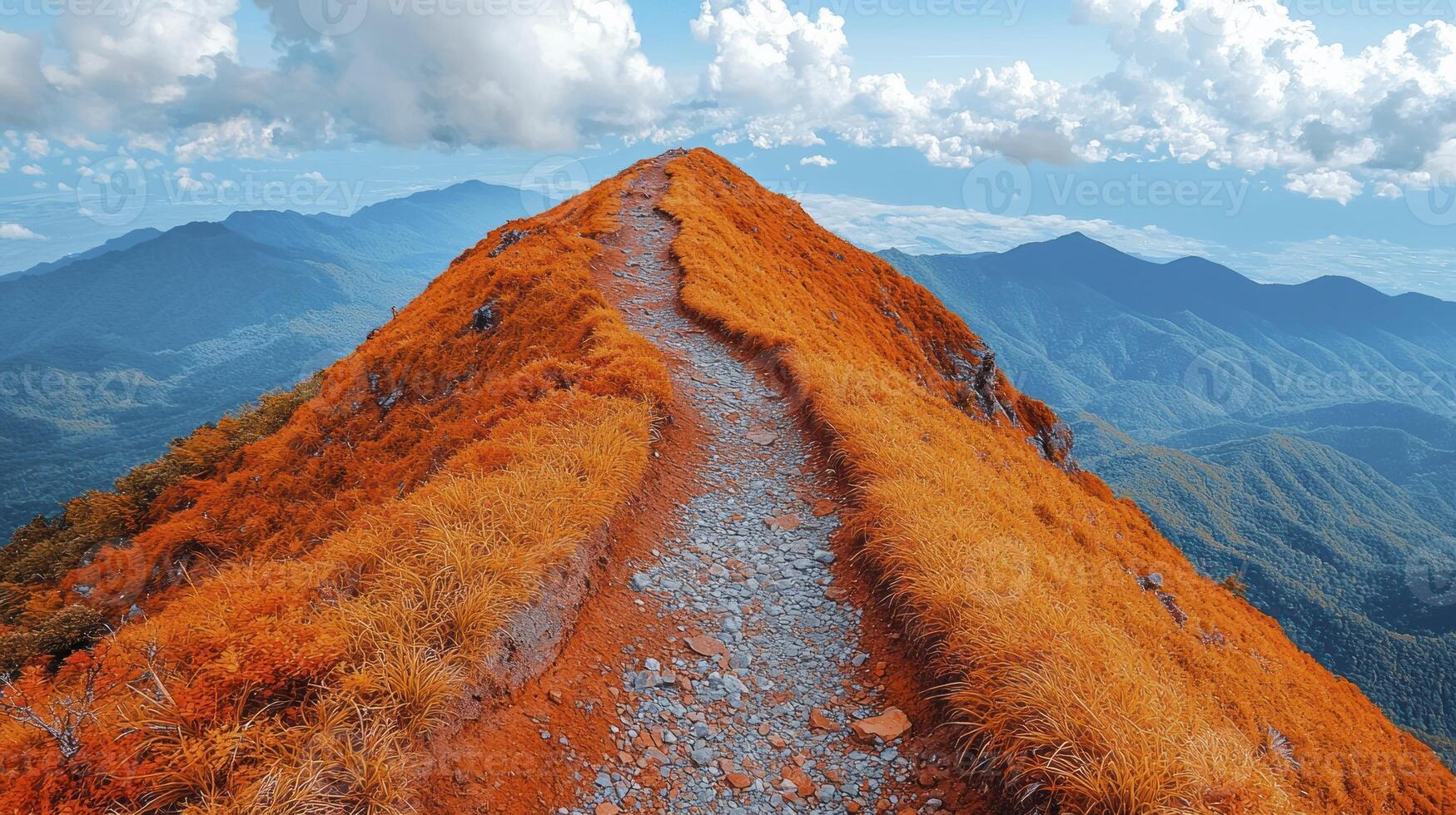 A path leading up to a mountain with orange grass photo