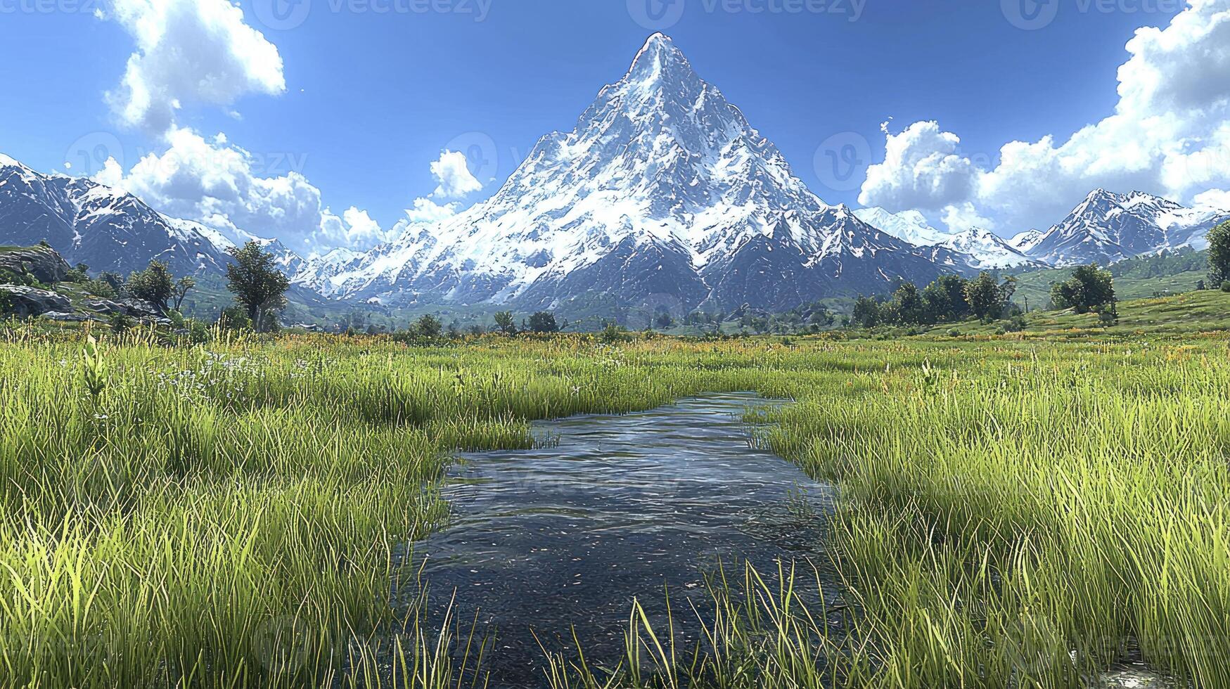 A river in a field with a mountain in the background photo