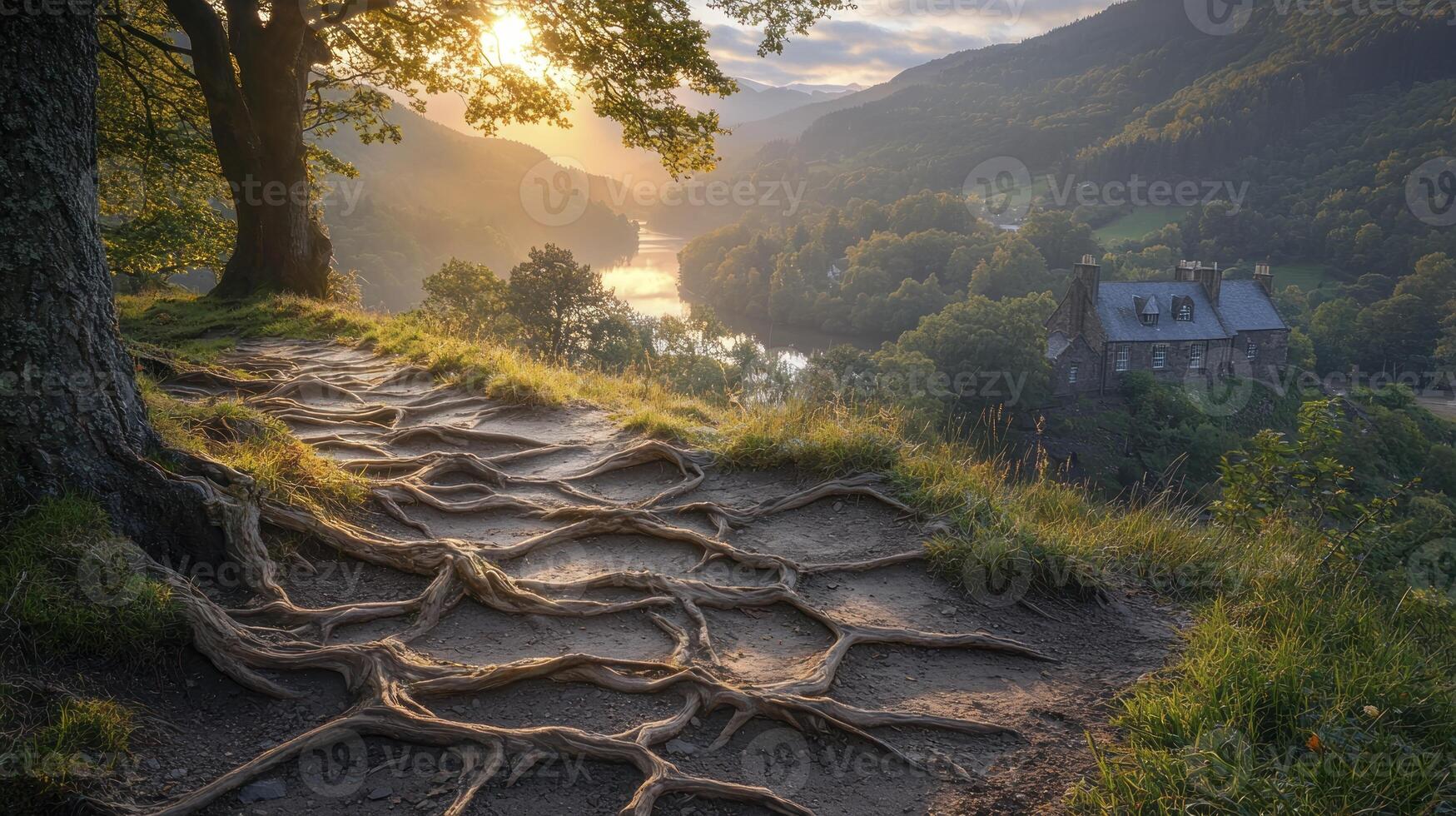 A path with roots growing up the side of a mountain photo