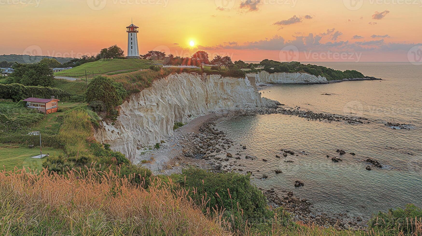 A lighthouse on a cliff photo