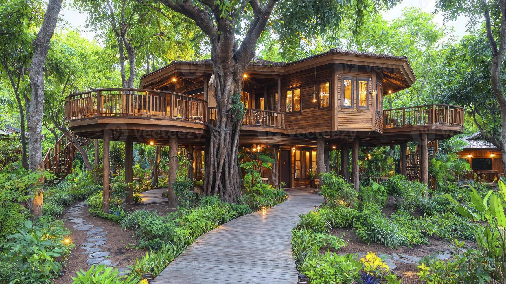 A tree house in the middle of a lush green forest photo