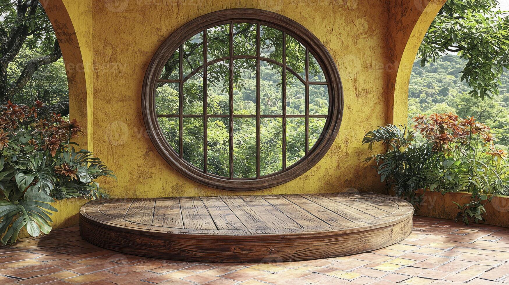 A round window in a yellow wall photo