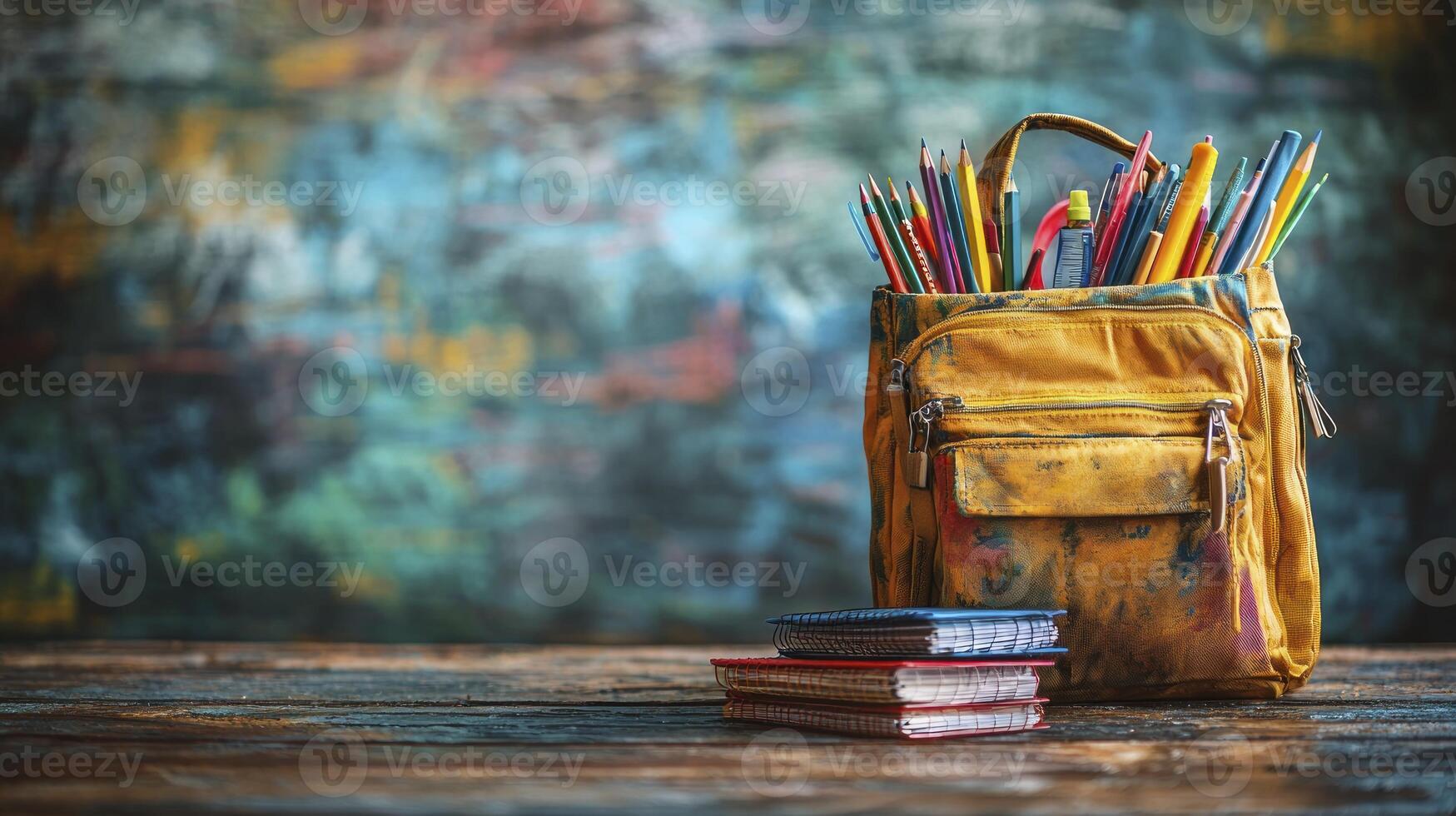 School supplies and pencils in a backpack on a wooden table photo
