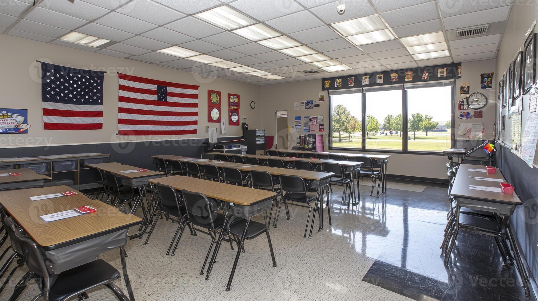 A classroom with desks and chairs and an american flag photo