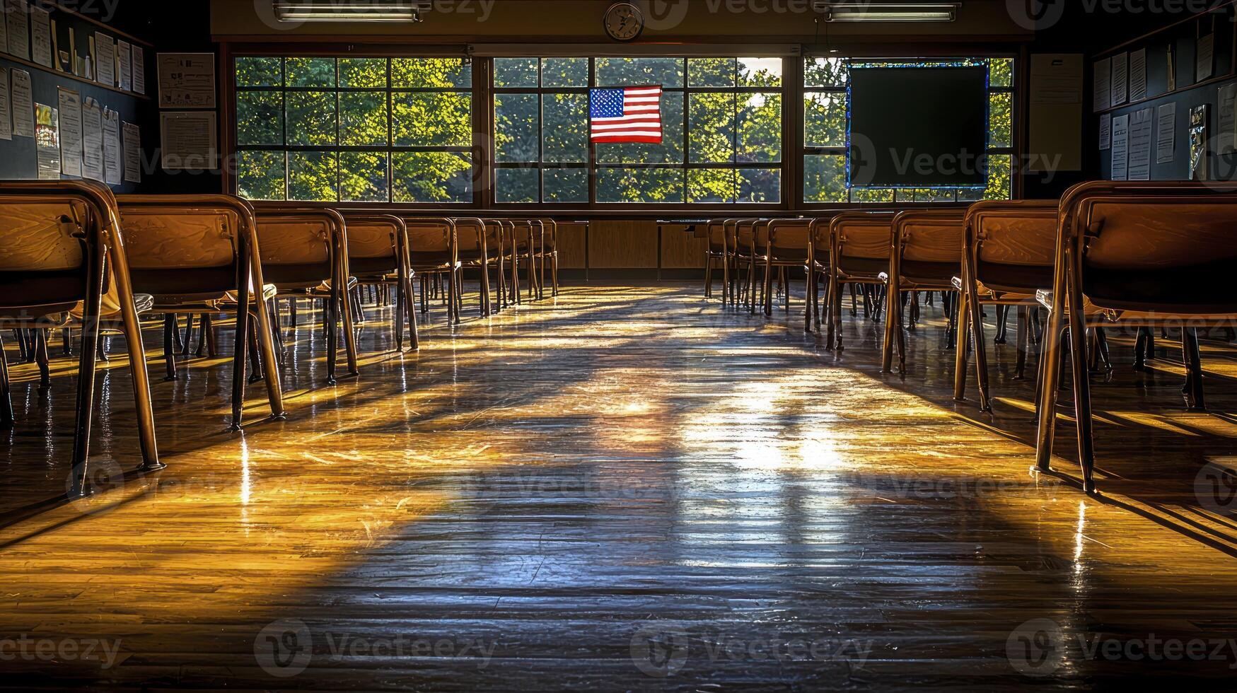 A classroom with chairs and a flag on the wall photo