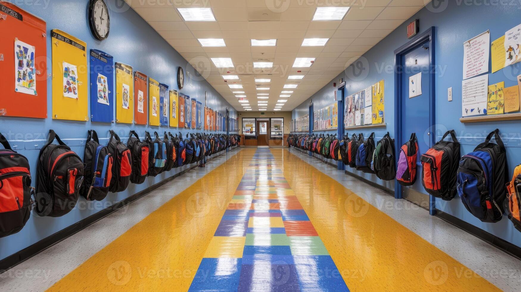 A long hallway with many backpacks on the wall photo