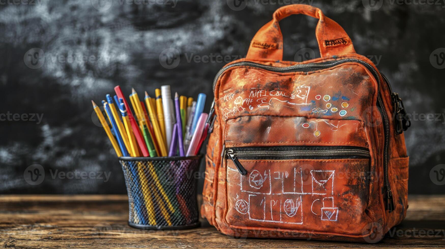 An orange backpack with pencils and a cup photo