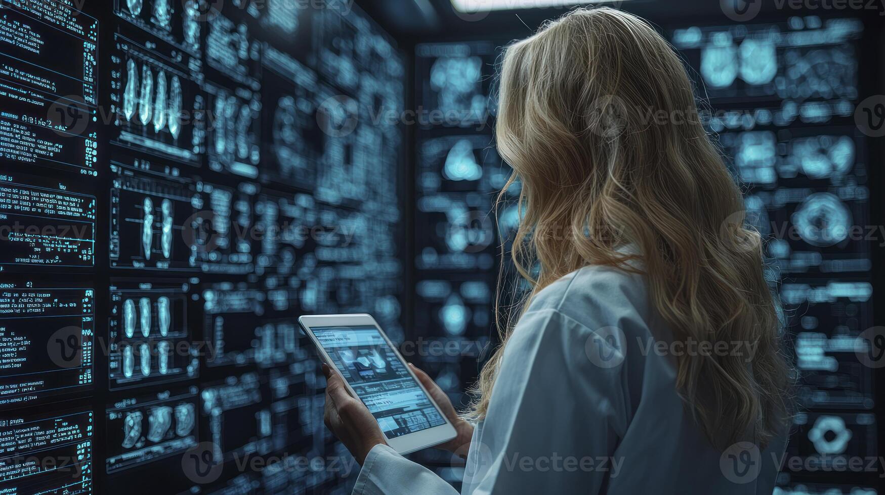A woman in a lab coat is looking at a tablet photo