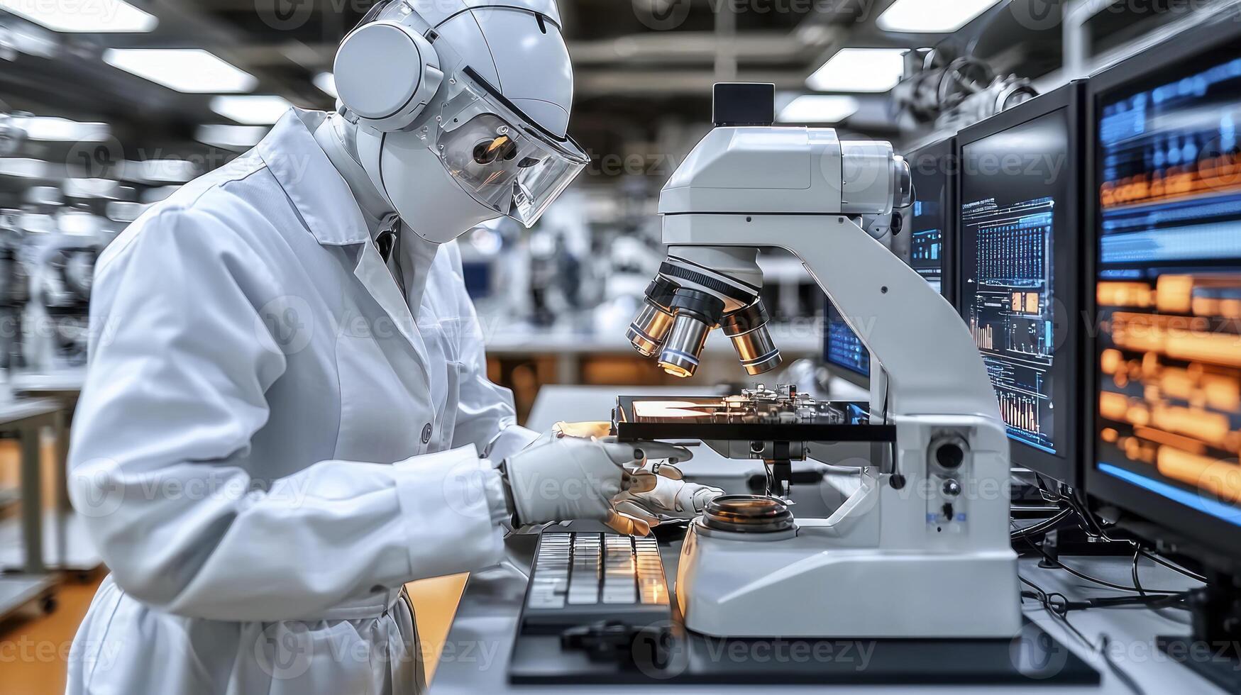 A person in a white lab coat looking at a microscope photo