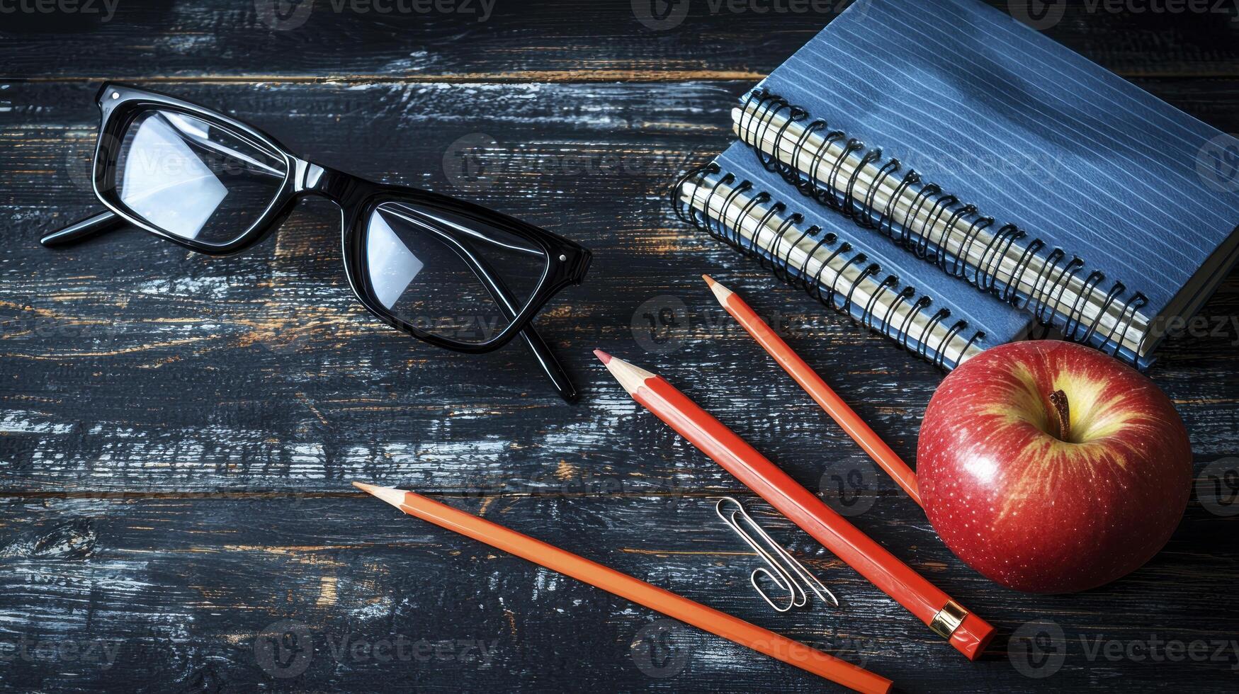 A pair of glasses, a red apple, a pencil, and a notebook photo