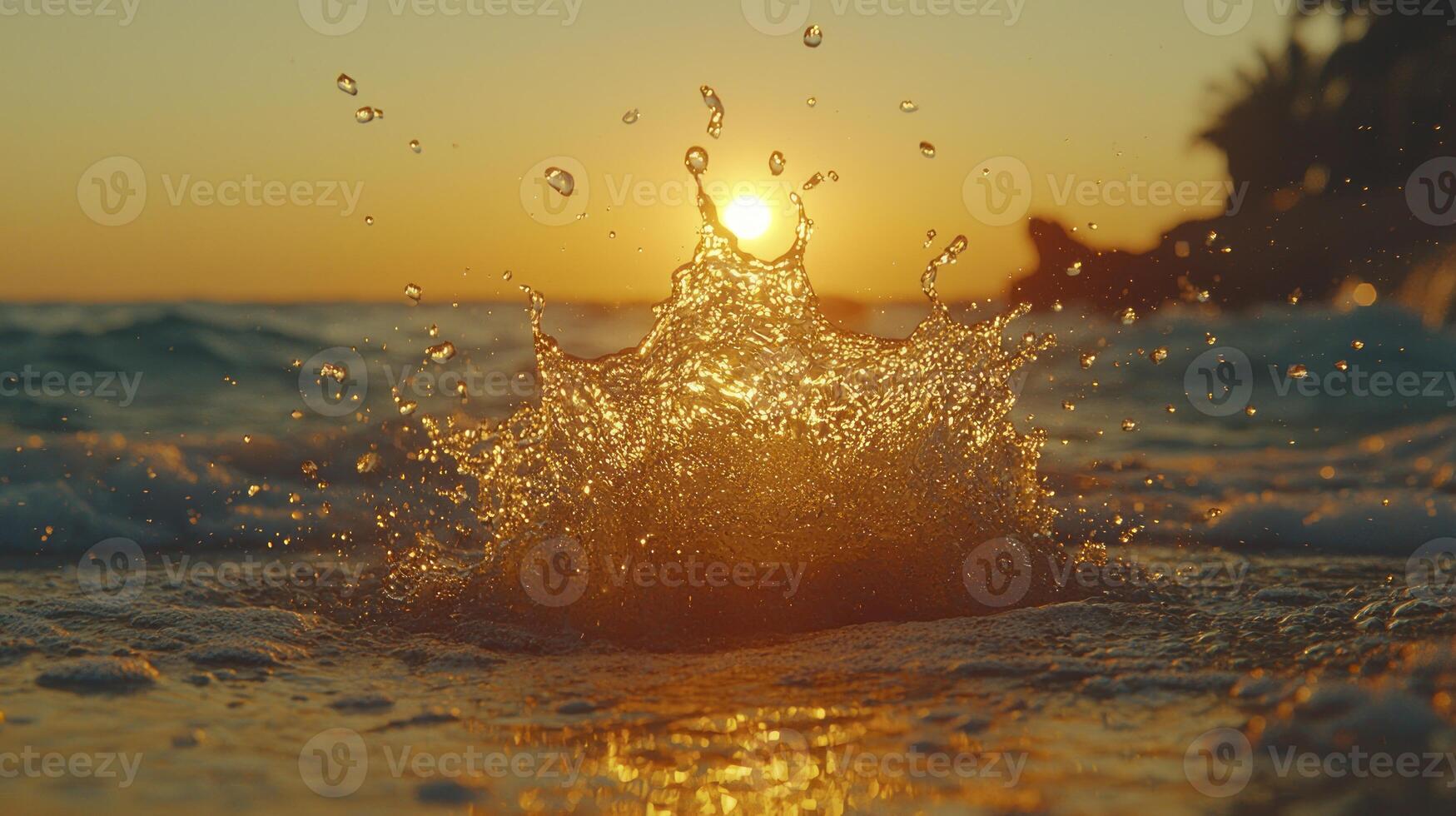 A splash of water on the beach at sunset photo