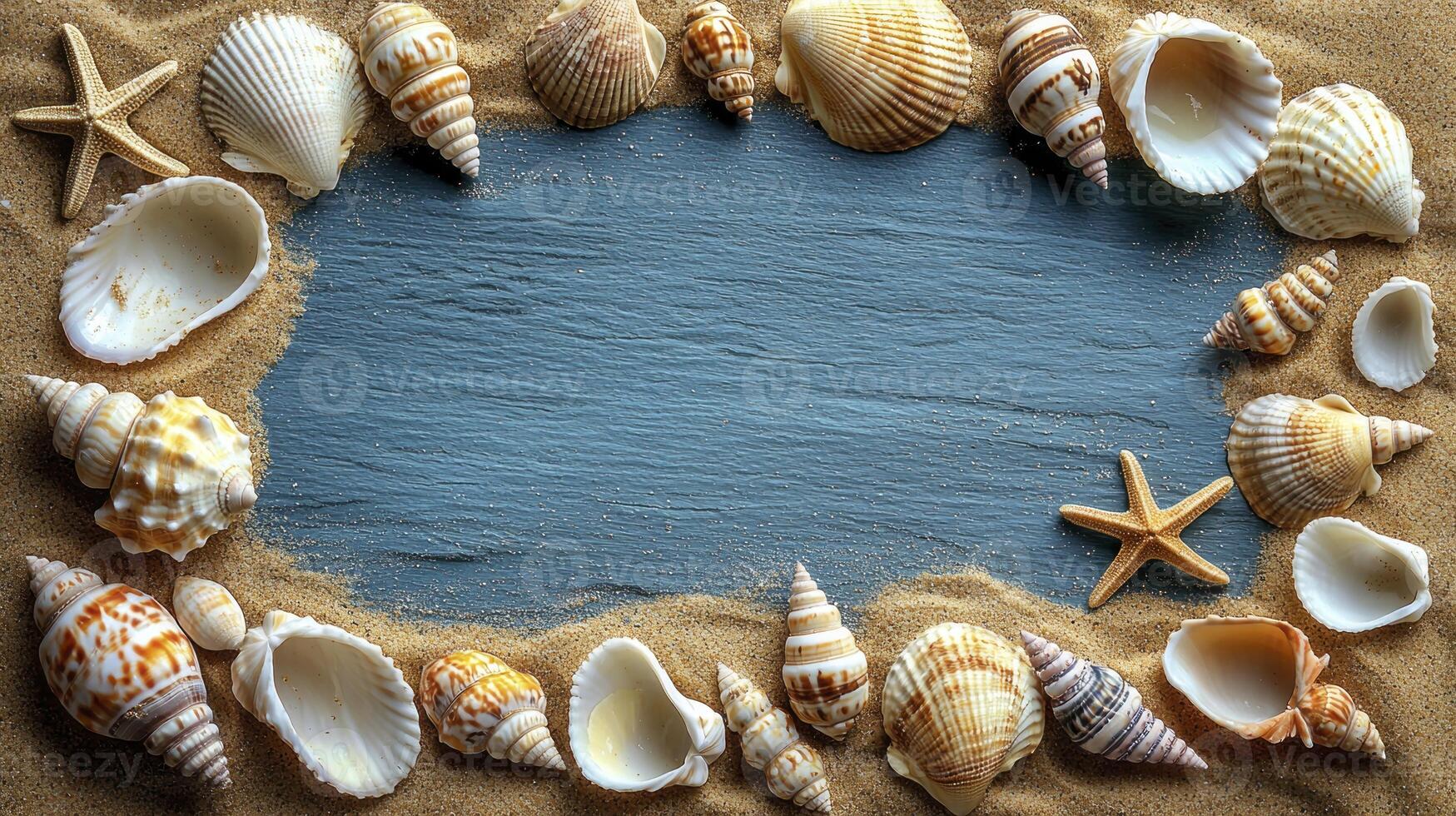 Sea shells and starfish on a beach background photo