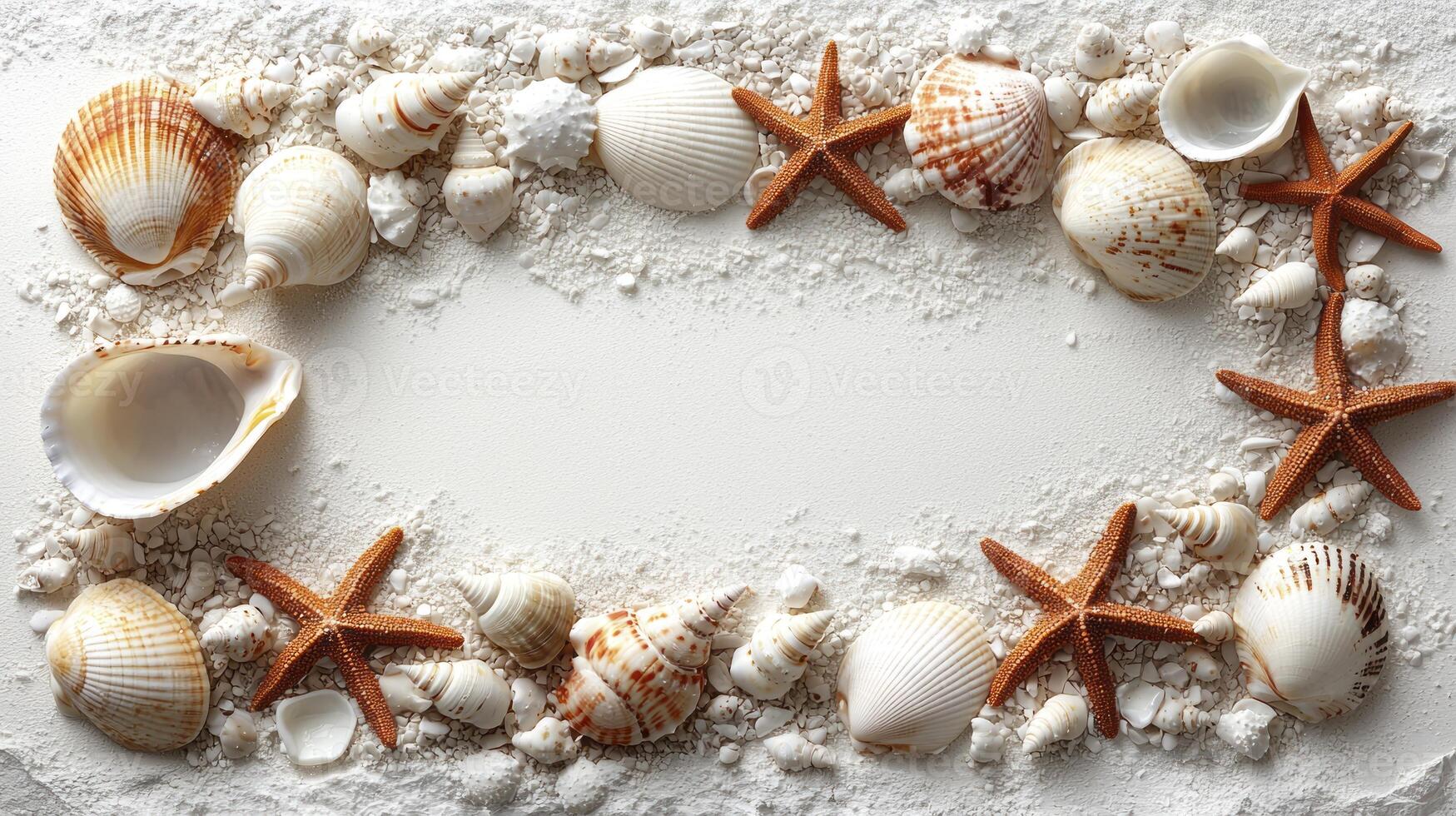 Shells and starfish on a white background photo